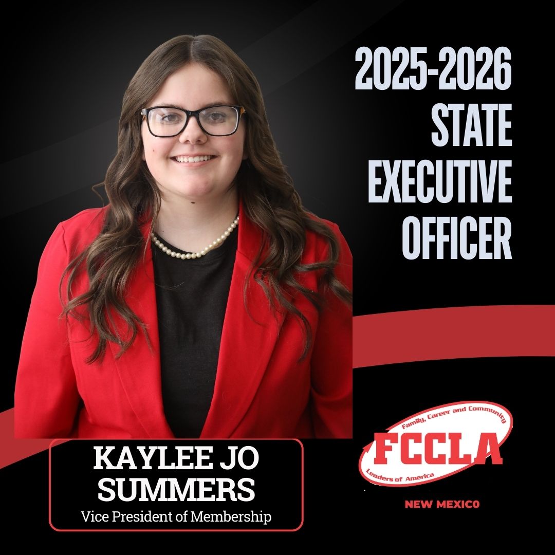 Let's celebrate our new 2025-2026 #NMFCCLA State Executive Council Officers!

Kaylee Jo Summers
Vice President of Membership
Elida High School

#IAMNMCTSO