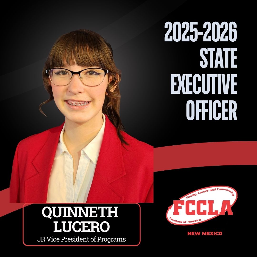Let's celebrate our new 2025-2026 #NMFCCLA State Executive Council Officers!

Quinneth Lucero
JR Vice President of Programs
W.D. Gattis Middle School

#IAMNMCTSO