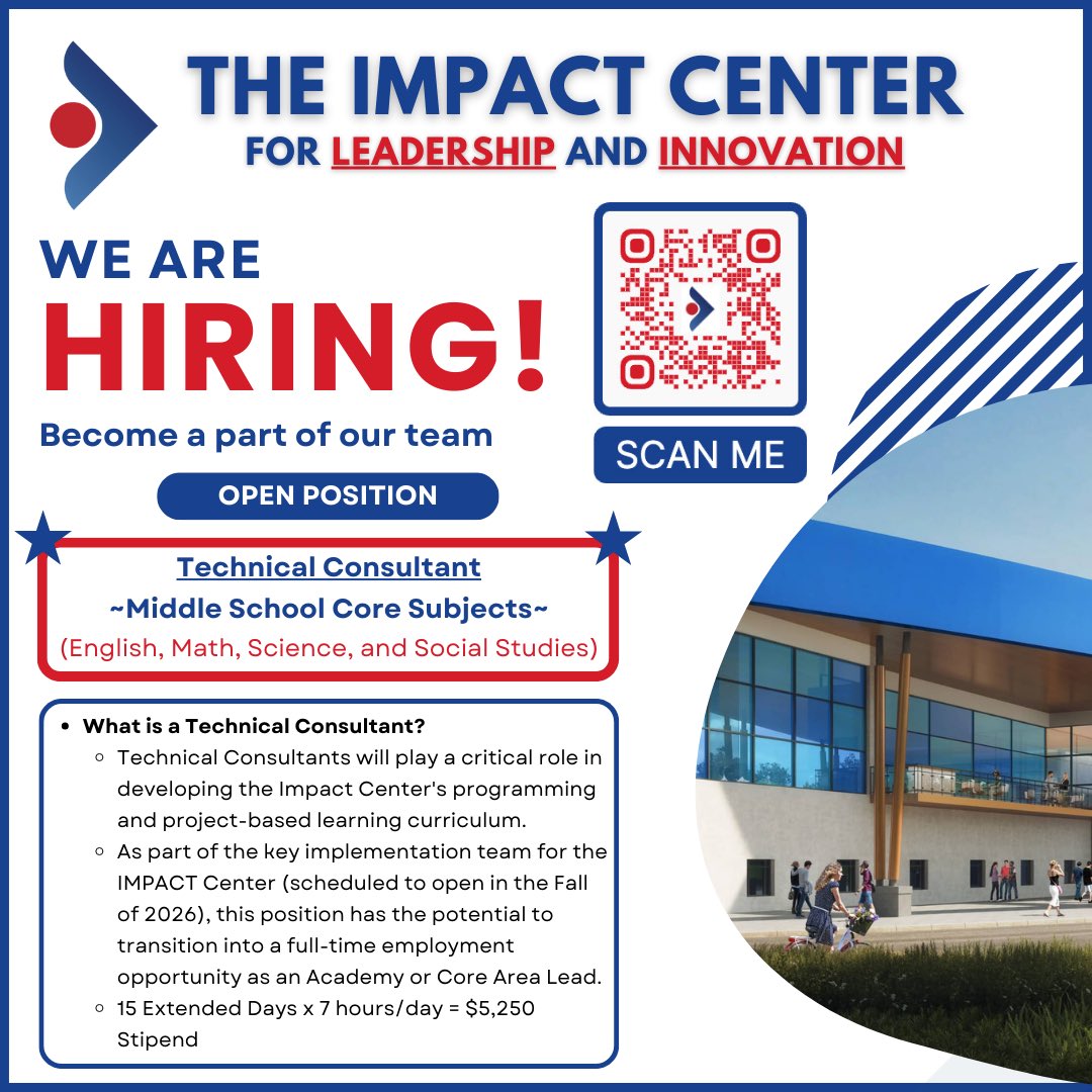 🚨 We’re Hiring 🚨

⭐️ Technical Consultants - Middle School Core Subjects

See the flyer for more detail &amp; scan the QR code to apply.

#IMPACTCenter #FutureReady #LeadershipInnovation <a href="/WarrenCoSchools/">Warren Co Schools</a>