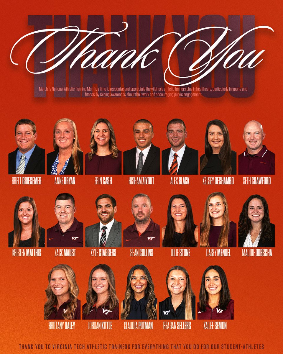 Thank you to all our athletic trainers for everything you do for our Virginia Tech student-athletes! We appreciate everything you do for us 🫶
