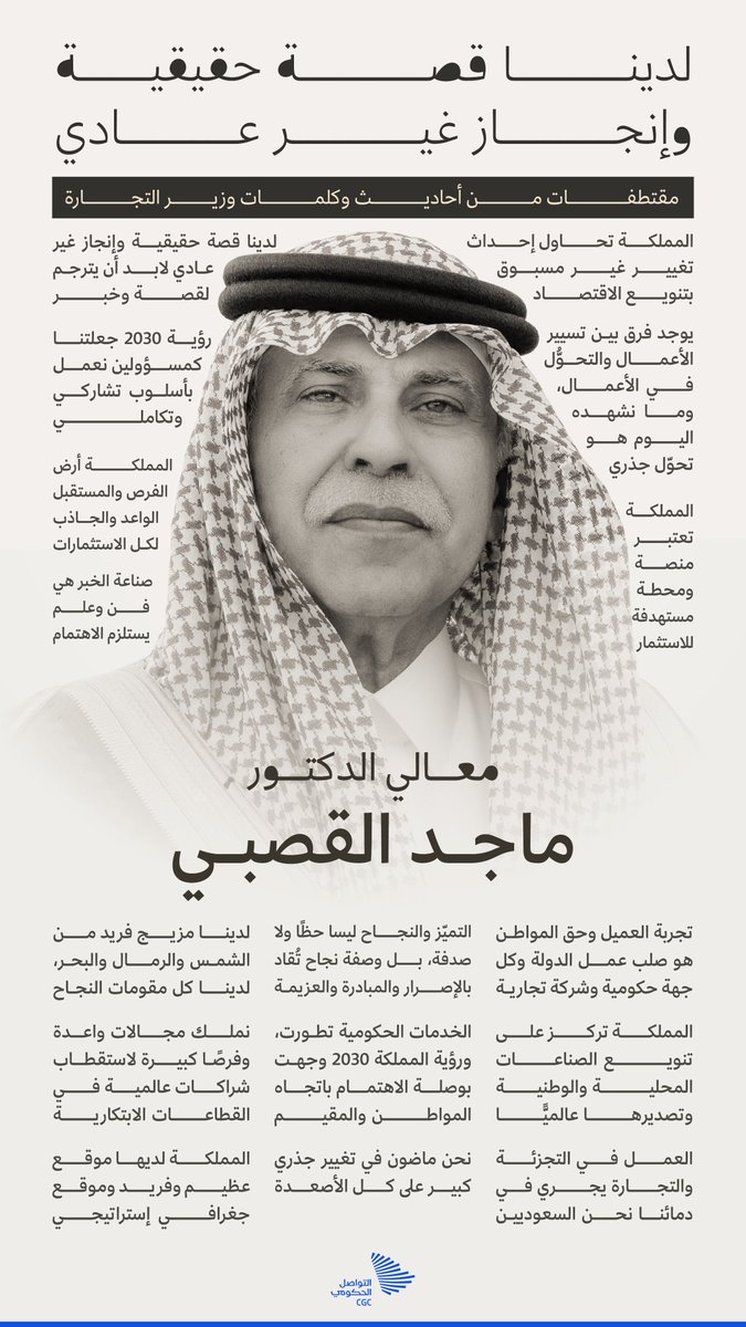 "نحن ماضون في تغيير جذري كبير على كل الأصعدة"؛ مقتطفات من كلمات معالي وزير التجارة الدكتور ماجد القصبي. #التواصل_الحكومي