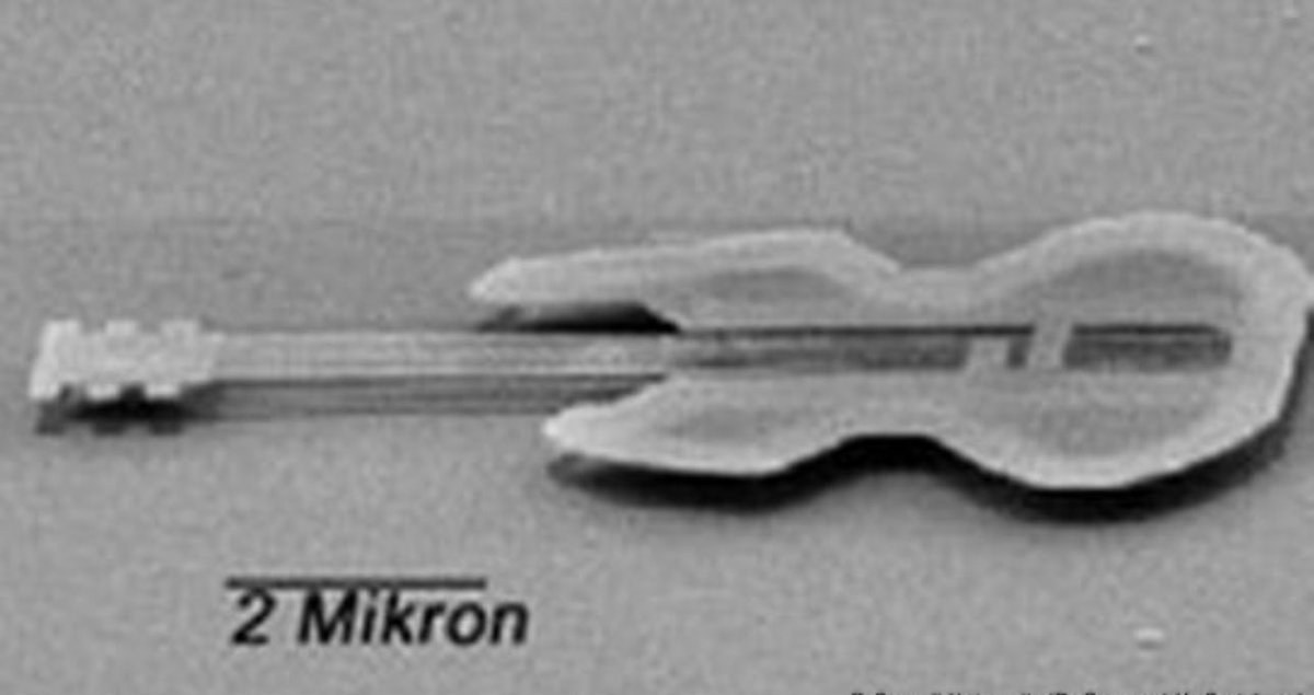 BrianRoemmele's tweet photo. World’s Smallest Guitar.

—

The world's smallest guitar, carved from crystalline silicon and no larger than a single cell, has been built at Cornell University to demonstrate a technology that could have a variety of uses in fiber optics, displays, sensors and electronics.

The "nanoguitar," created for fun to illustrate the technology, is just one of several structures that Cornell researchers believe are the world's smallest silicon mechanical devices. The guitar has six strings, each string about 50 nanometers wide, the width of about 100 atoms. 

If plucked, say by an atomic force microscope, the strings would resonate, but at inaudible frequencies. The entire structure is about 10 micrometers long, about the size of a single cell. Most microelectromechanical devices are made using photolithography and chemical etching and have minimum feature sizes of just under 1 micrometer. 

Building devices that are nanometers rather than micrometers requires a new fabrication approach. A nanometer is one billionth of a meter. For comparison, the diameter of a human hair is about 200 micrometers or 200,000 nanometers, which is huge compared to these newer structures, where a wire is about 50-100 nanometers in diameter.