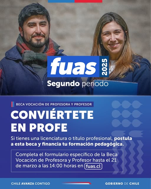 La Beca Vocación de Profesor/a financia estudios de personas que ingresarán a 1er año de Pedagogía, Ed. Parvularia o Diferencial y también a quienes ya cuentan con licenciatura o título profesional y quieren desarrollar su formación pedagógica👩🏽‍🏫Postula en fuas.cl