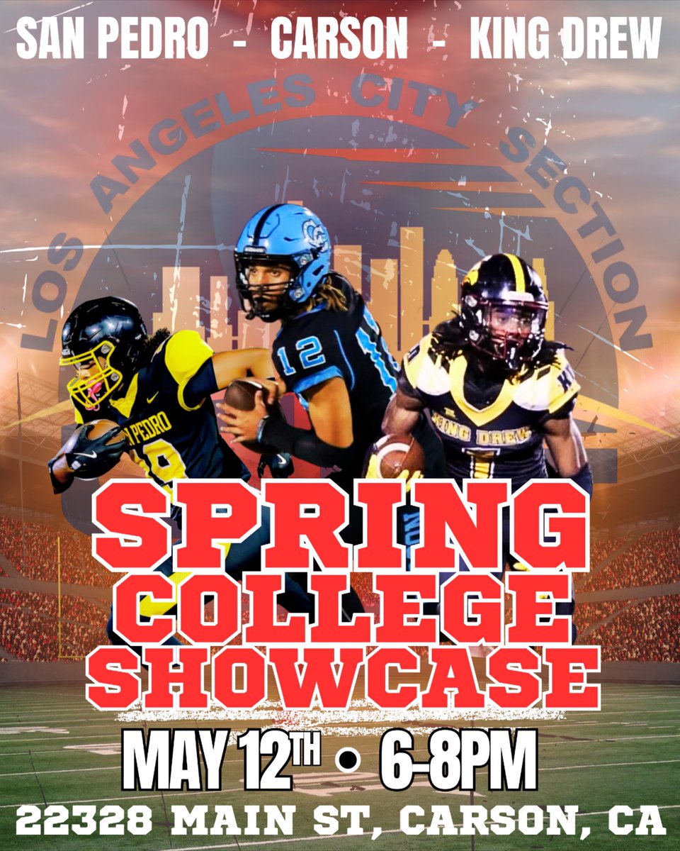 San Pedro Pirate Football (@sppiratefb) on Twitter photo 🚨SAVE THE DATE!🚨
May 12 we collaborate with Carson & King-Drew in a Spring College Showcase. Be sure you want to not miss out on some top-notch City Section action with 3 powerhouse programs! <a href="/breezepreps/">Breeze Varsity</a> <a href="/latsondheimer/">eric sondheimer</a> <a href="/Tarek_Fattal/">Tarek Fattal</a> <a href="/DamianCalhoun/">Damian Calhoun</a> <a href="/LACitySection/">City Section News</a> <a href="/JamaalStreet/">Jamaal Street</a> 🚨SAVE THE DATE!🚨
May 12 we collaborate with Carson & King-Drew in a Spring College Showcase. Be sure you want to not miss out on some top-notch City Section action with 3 powerhouse programs! <a href="/breezepreps/">Breeze Varsity</a> <a href="/latsondheimer/">eric sondheimer</a> <a href="/Tarek_Fattal/">Tarek Fattal</a> <a href="/DamianCalhoun/">Damian Calhoun</a> <a href="/LACitySection/">City Section News</a> <a href="/JamaalStreet/">Jamaal Street</a>