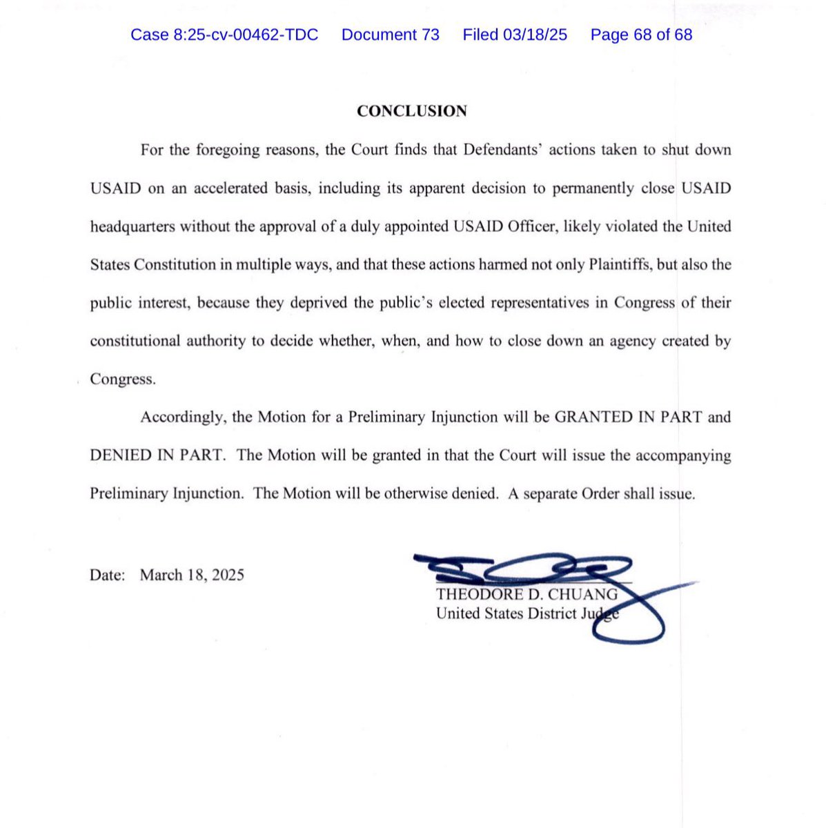libsoftiktok's tweet photo. BREAKING: U.S. District Judge Theodore D. Chuang, who was appointed by Obama, just ORDERED Elon Musk and DOGE to restore nearly all of USAID’s operations. https://t.co/4t4H7tTnu4