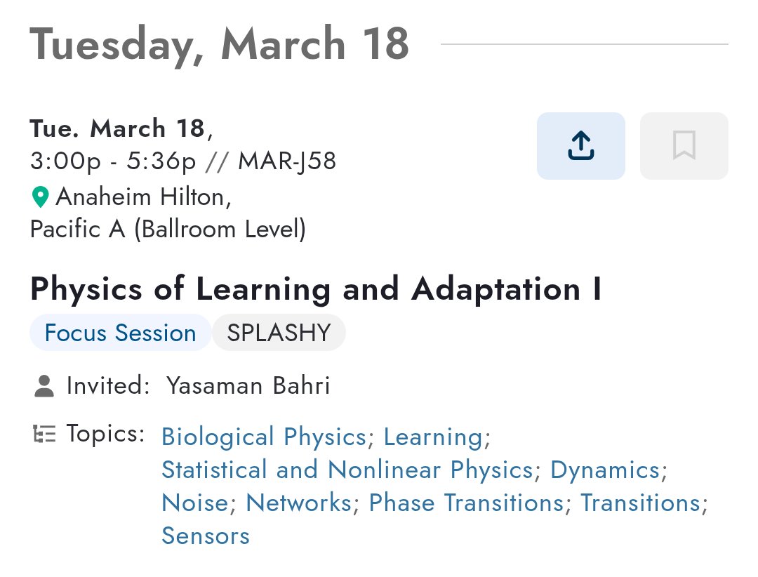 Yasaman Bahri (@yasamanbb) on Twitter photo Excited to be at the APS March Meeting this year! <a href="/APSphysics/">American Physical Society</a>
I'll be giving a talk in the Tues afternoon session MAR-J58, Physics of Learning & Adaptation I. Excited to be at the APS March Meeting this year! <a href="/APSphysics/">American Physical Society</a>
I'll be giving a talk in the Tues afternoon session MAR-J58, Physics of Learning & Adaptation I.