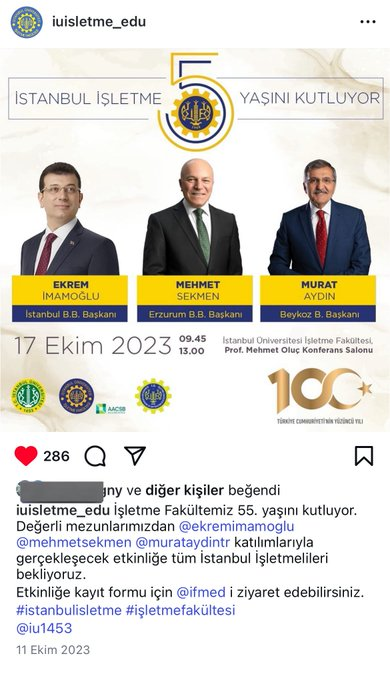 İstanbul Üniversitesi'nin 2023 paylaşımı:

"Değerli mezunumuz Ekrem İmamoğlu..."