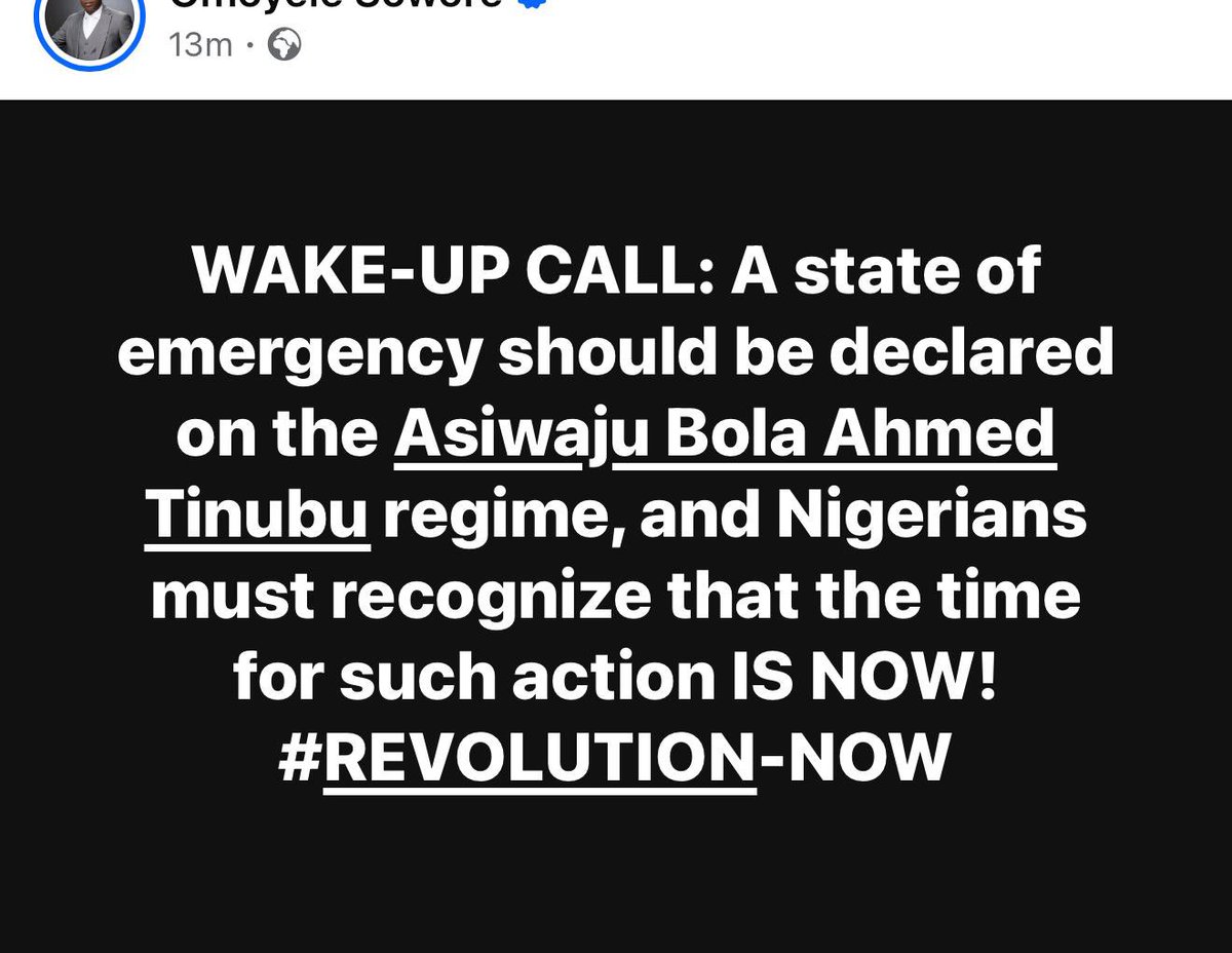 WAKE-UP CALL: A state of emergency should be declared on the Asiwaju Bola Ahmed Tinubu regime, and Nigerians must recognize that the time for such action IS NOW!
#REVOLUTIONNOW #TinubuIsaTerriblePresident  #tinubuisadisaster  #TinubuIsAUselessPresident
