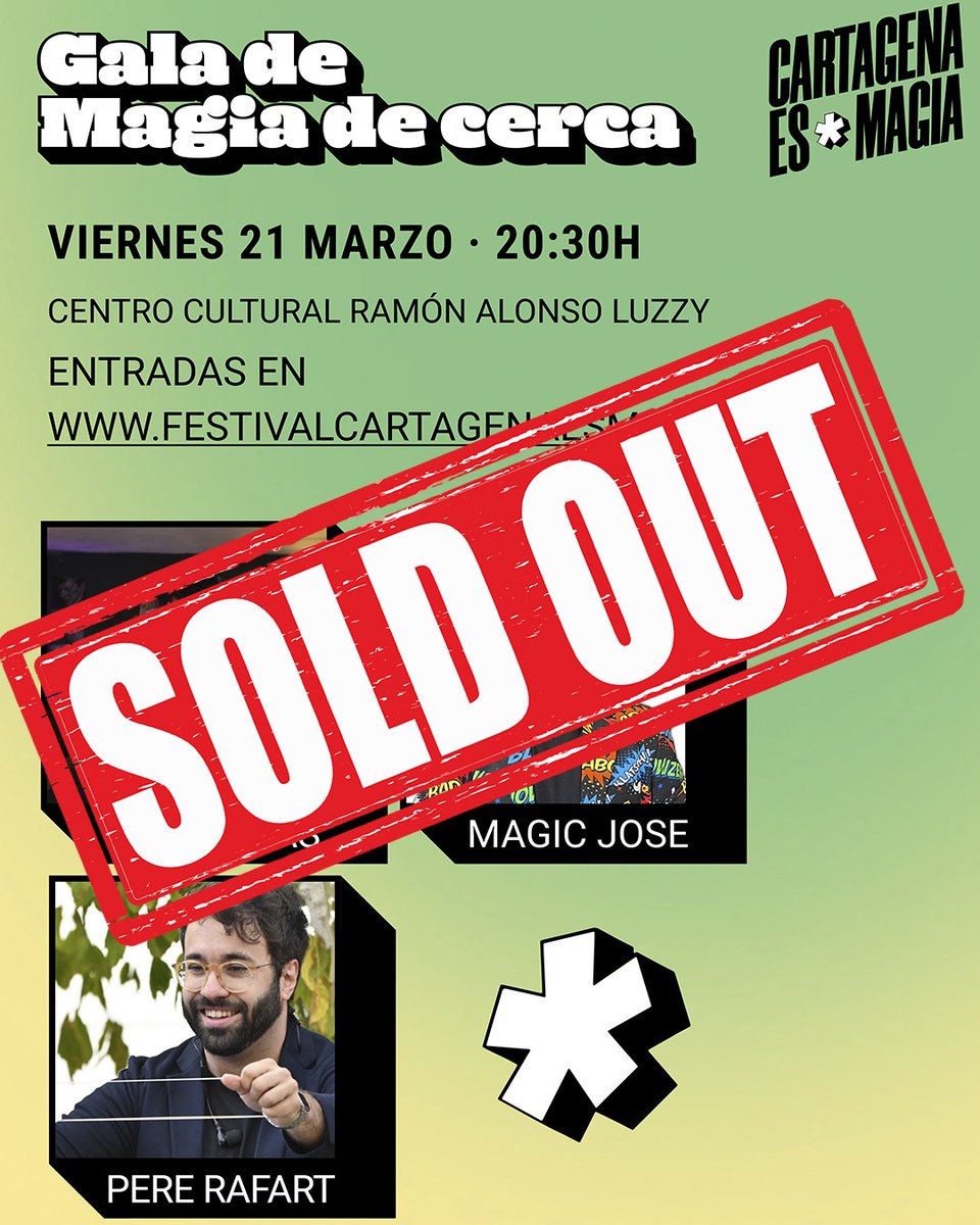GALA DE MAGIA DE CERCA SOLD OUT!
Gracias a todos, por llenar una de las galas de este 3º Festival CARTAGENA ES MAGIA.
No te pierdas el resto de actividades y la Gran Gala de Campeones en El Batel. 
Información y entradas en:
festivalcartagenaesmagia.com
 #Cartagenaesmagia2025 #magia