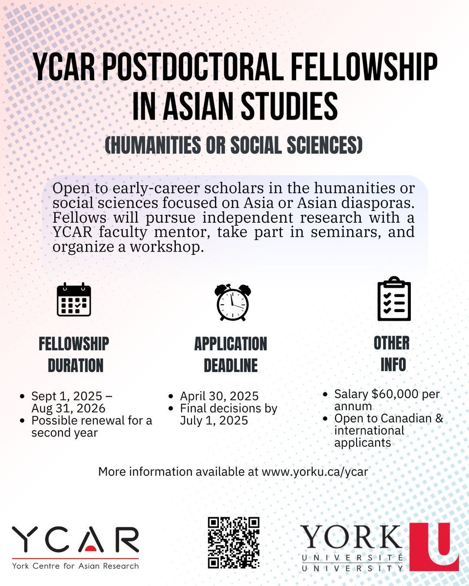 The applications for Postdoc Fellowship in Asian Studies have started, complete yours now for a chance at working and researching within YCAR!

🗓 Deadline: 30 April 2025
📅 Fellowship Start Date: 01 September 2025
📝 More Details: buff.ly/vv1T8Vc 

#YorkU #YCAR