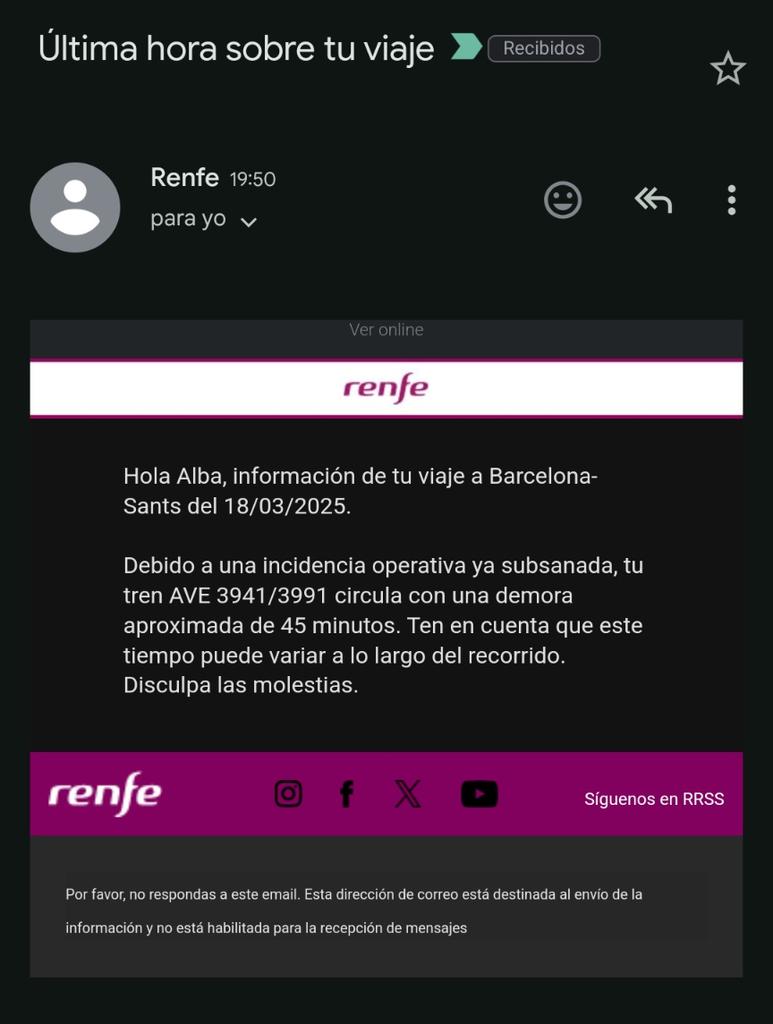 alrior's tweet photo. @Inforenfe si no hay todavía infraestructuras afectadas por la lluvia en el norte, ¿Como puede llevar el tren 45 min de retraso previsto? https://t.co/3KG3VWZyS5