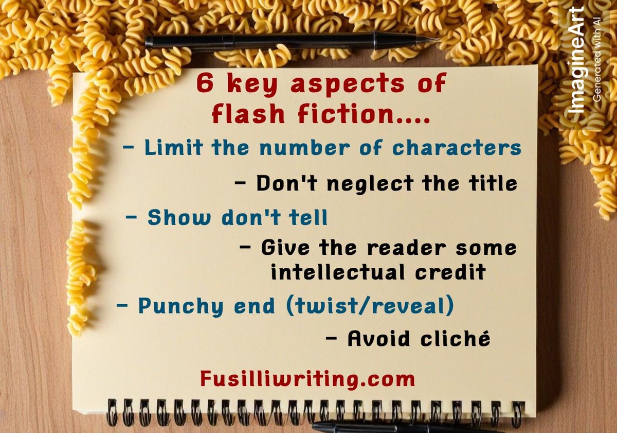 FusilliW's tweet image. fusilliwriting.com
See our website for our flash fiction competition and free resources. Our 6 key aspects of flash fiction are below......what are yours?
#flashfiction #writingresources #microfiction #writingcommunity #creativewriting #writing