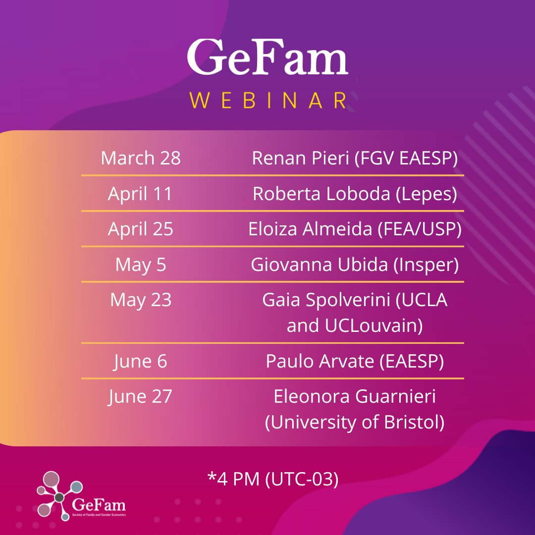 📢 Check out GeFam's webinar schedule for the first semester! 🎥✨

We've prepared a series of must-attend events! Throughout the semester, experts will lead discussions and share insights on topics related to family and gender economics. 🏡📚