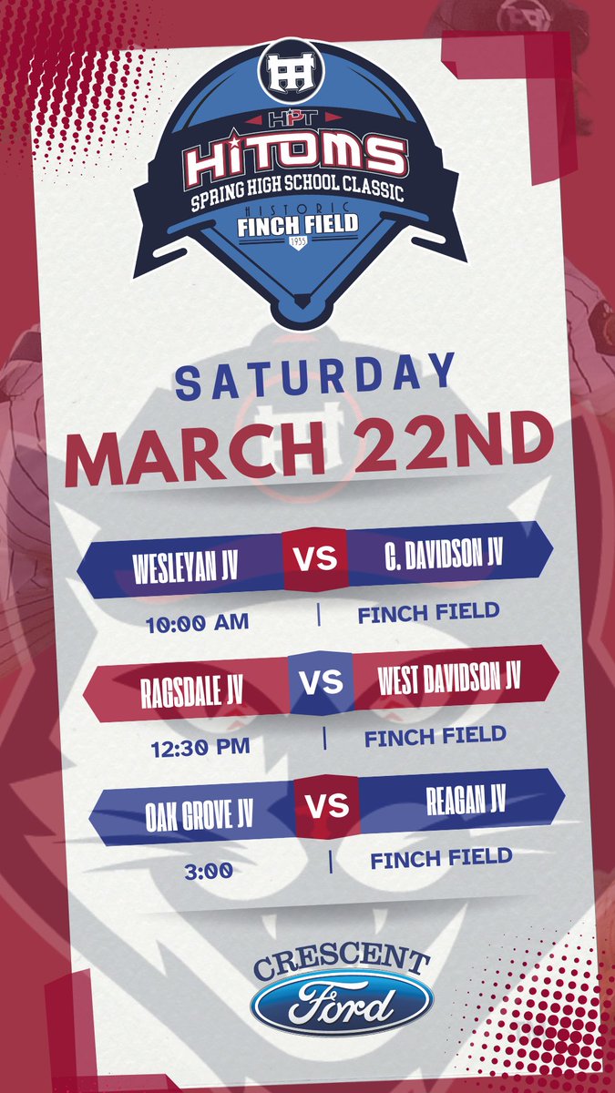 ⚾️🔥 The HPT JV Baseball Classic is almost here! 🔥⚾️

📅 March 22 at Finch Field (Thomasville, NC)
⏰ Gates open 9 AM | First pitch 10 AM
🏟️ Six teams, one epic showdown:
Central Davidson | West Davidson | Wesleyan | Oak Grove | Ragsdale | Reagan 💪⚾️