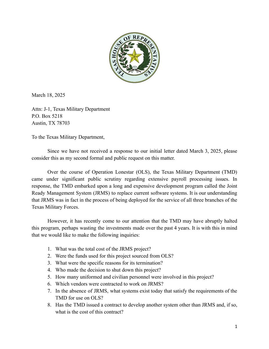 RepHopper's tweet image. My office sent this letter directly to the @TXMilitary on March 3rd and received no response. Today, 19 Texas House Representatives have signed onto this letter to the Texas Military Department.