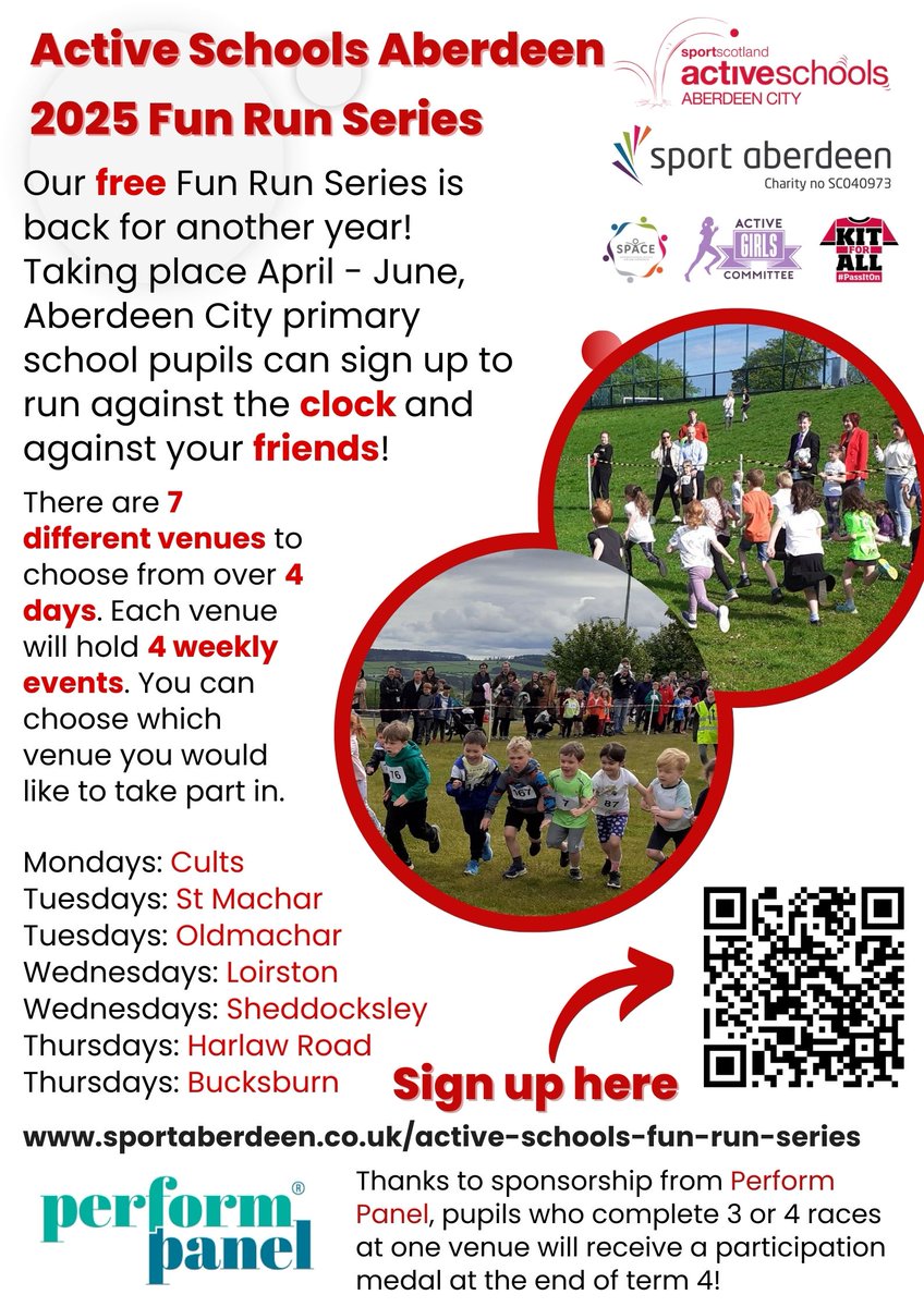 Active_Schools's tweet image. 🏃‍♀️2025 FUN RUN SERIES🏃

We&apos;re delighted to announce that our FREE P1-P7 Fun Run Series is back again for 2025 and families can now sign pupils up for the events.

4️⃣weeks of local Fun Runs
7️⃣venues across the city
4️⃣different week days to choose from

➡️sportaberdeen.co.uk/active-schools…