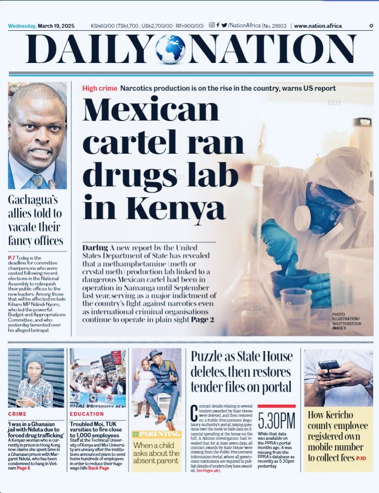 benanuale's tweet photo. #BREAKING "Breaking Bad" in Kenya To manufacturing and smuggling cocaine and meth with the Mexican cartels Daily Nation - 19 Marc 2025. @realDonaldTrump @G8GIST @Kash_Patel @CTNSIS @NPSOfficial_KE @DCI_Kenya https://t.co/jPec6q5FrR