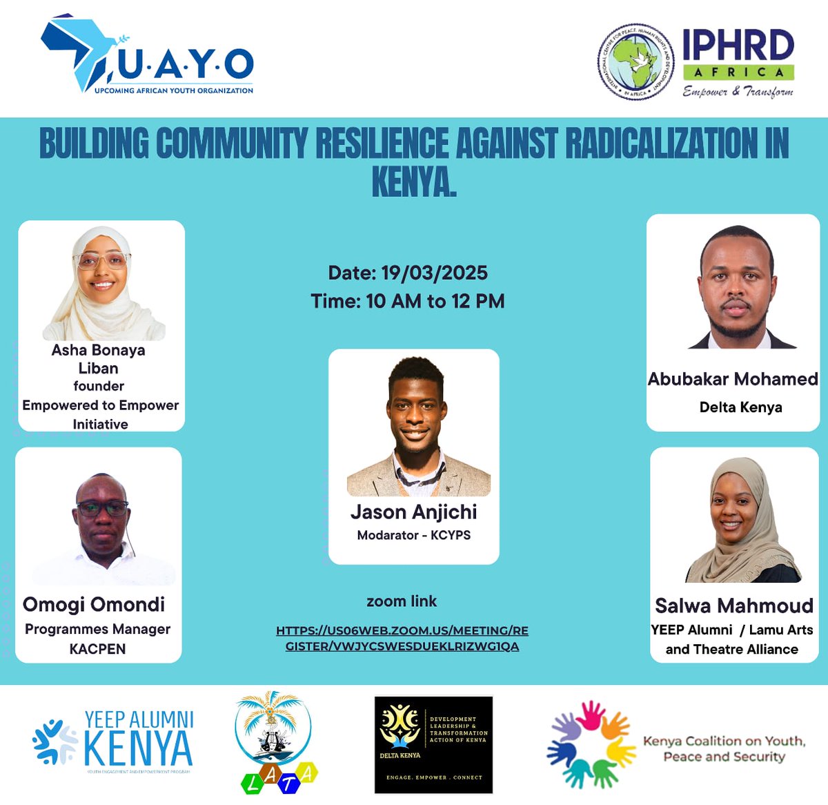 IPHRD AFRICA (@iphrdafrica) on Twitter photo Join us for an engaging session tomorrow discussing how we can build #community #resilence against #radicalization in #Kenya
The session is co-hosted by <a href="/UAYO_/">Upcoming African Youth Organization</a> and <a href="/iphrdafrica/">IPHRD AFRICA</a> together with <a href="/YPSinKenya/">Kenya Coalition on Youth, Peace and Security</a> <a href="/YEEPAlumniKenya/">YEEP Alumni Kenya</a> @Lamu arts and theatre Alliance @Deltakenya Join us for an engaging session tomorrow discussing how we can build #community #resilence against #radicalization in #Kenya
The session is co-hosted by <a href="/UAYO_/">Upcoming African Youth Organization</a> and <a href="/iphrdafrica/">IPHRD AFRICA</a> together with <a href="/YPSinKenya/">Kenya Coalition on Youth, Peace and Security</a> <a href="/YEEPAlumniKenya/">YEEP Alumni Kenya</a> @Lamu arts and theatre Alliance @Deltakenya
