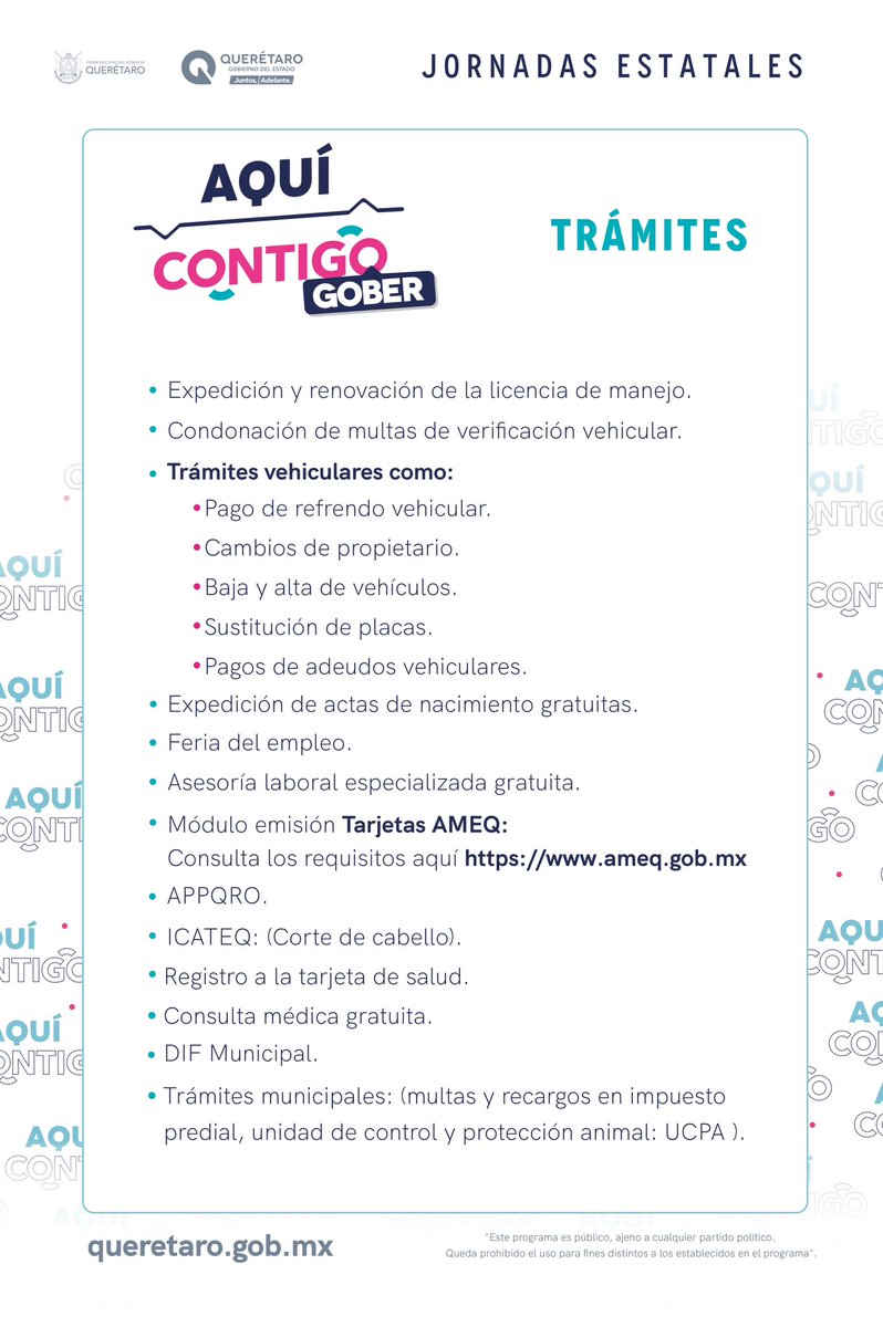 ¡Mañana hay Jornada Estatal #AquíContigo! 📢

Te esperamos en el Estacionamiento Alterno del Santuario de Schoenstatt en la colonia Los Olvera, municipio de Corregidora; a partir de las 9:30 horas con trámites, servicios y atención personalizada de las dependencias estatales.
