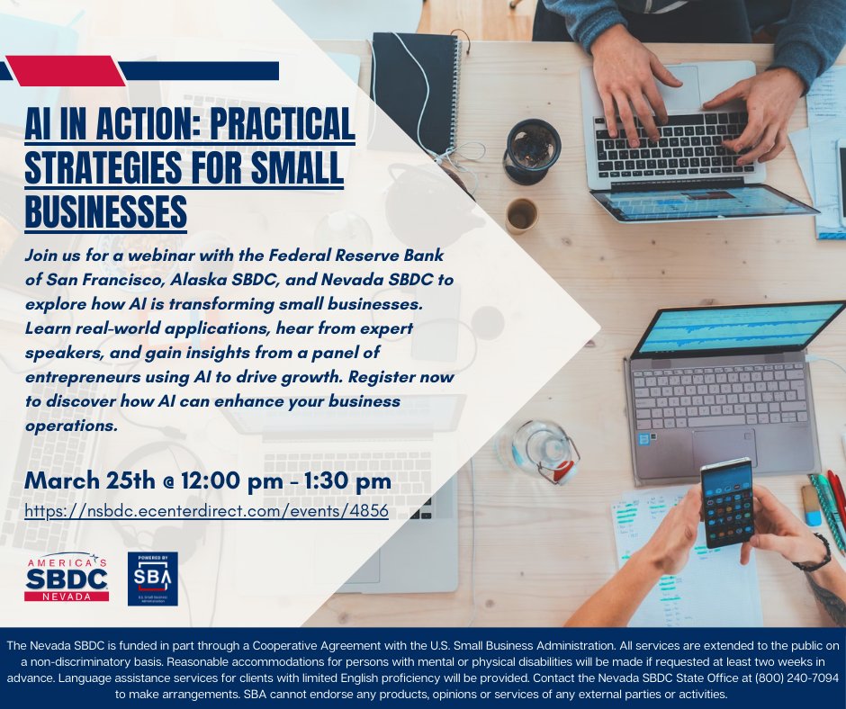 🚀 AI is transforming small businesses! Join us for a webinar with the Federal Reserve Bank of SF, Alaska SBDC &amp; Nevada SBDC to learn how AI can streamline operations &amp; drive growth. Hear from experts &amp; real business owners using AI! Register now: nsbdc.ecenterdirect.com/events/4881