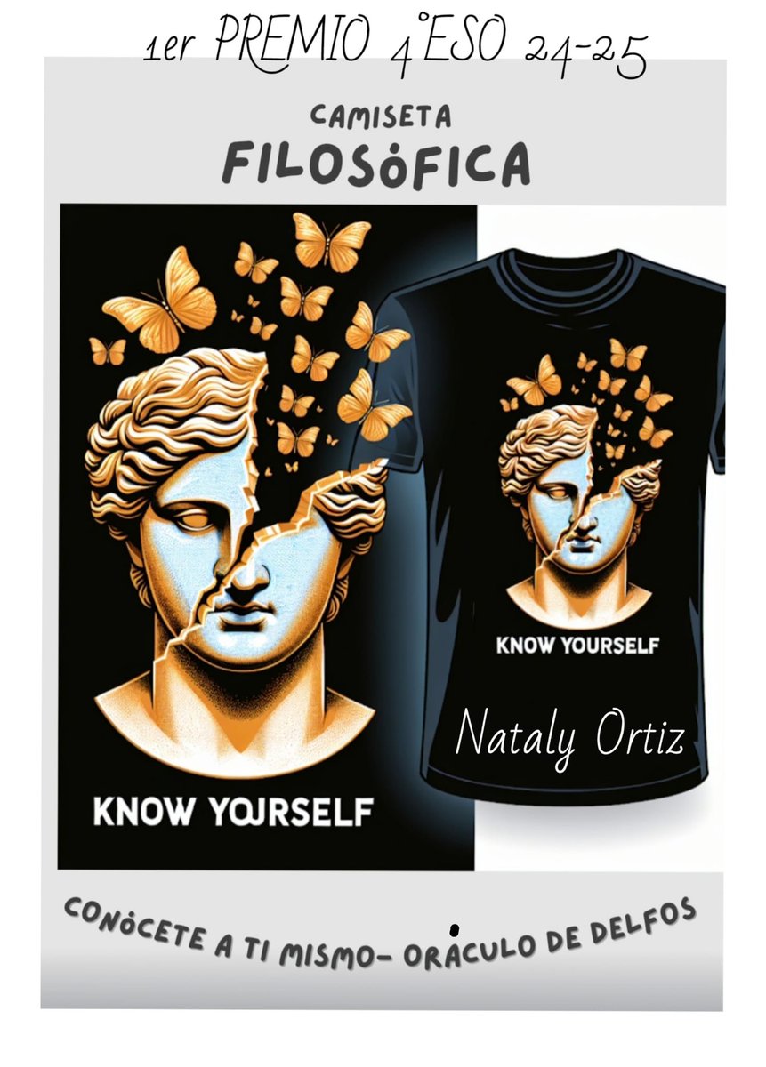 NAZARETSANBLAS's tweet photo. Los alumnos de Filosofía de #4ºESO han diseñado una camiseta  con un mensaje filosófico que fomente la reflexión y el cuestionamiento. Nataly Ortiz, ha obtenido el primer premio por su trabajo “Conócete a ti mismo”. ¡Enhorabuena y a lucir la camiseta un día a la semana! https://t.co/0vQ0GJqUto