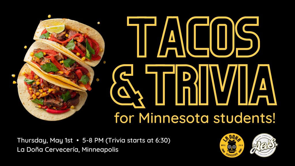 ACES (@aces4kids) on Twitter photo Tacos, trivia, and a great cause - now that’s a triple play!
Join us for the annual Tacos and Trivia event, hosted by our Associate Board.
On Thursday, May 1st, from 5-8pm, our friends from <a href="/ladonacerveza/">La Doña Cervecería</a> will donate $1 per pint to support ACES students!
Trivia starts at 6:30! Tacos, trivia, and a great cause - now that’s a triple play!
Join us for the annual Tacos and Trivia event, hosted by our Associate Board.
On Thursday, May 1st, from 5-8pm, our friends from <a href="/ladonacerveza/">La Doña Cervecería</a> will donate $1 per pint to support ACES students!
Trivia starts at 6:30!
