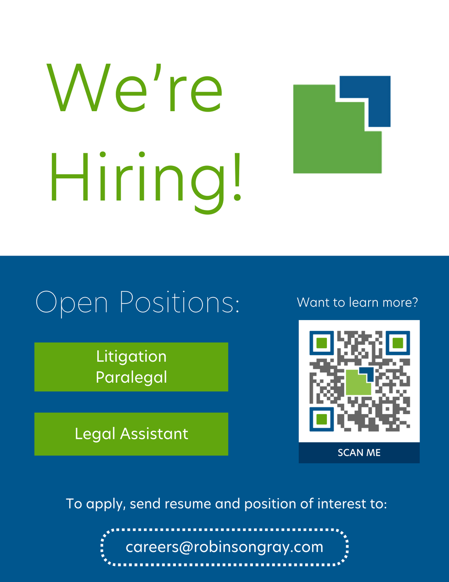 RobinsonGraySC's tweet photo. Join our team! 

Robinson Gray is currently #hiring for two full-time legal staff positions. If you're someone who enjoys being part of a team &amp; thrives in a fast-paced environment, we'd love to hear from you!
 
For details and info on how to apply, visit: https://t.co/SZnxE6Xhxv https://t.co/KsiLRK7mHB