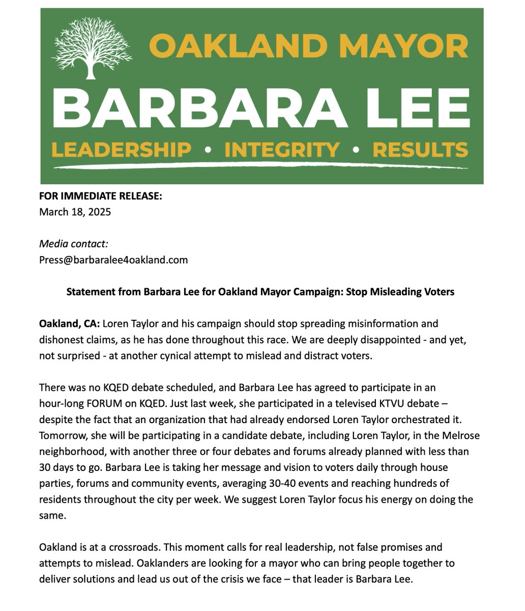 📢 Statement from Barbara Lee for Oakland Mayor Campaign: Stop Misleading Voters

<a href="/lorenmtaylor/">Loren Taylor</a> campaign is once again spreading misinformation and dishonest claims to mislead and distract voters. Oakland deserves better.

We’re disappointed—but not surprised—by yet another