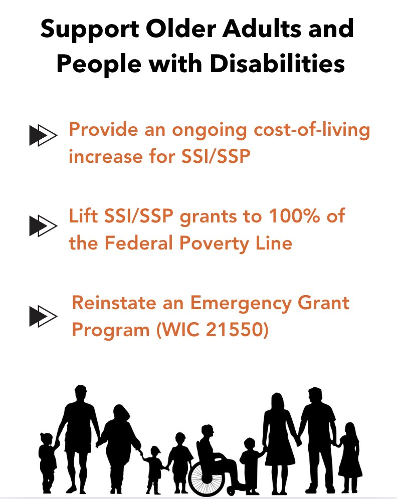 Older adults &amp; people w/ disabilities on #SSI volunteer in their community, are caregivers, &amp; make valuable contributions to society. 
Enacting these #CABudget requests would allow recipients to reach economic self-sufficiency &amp; live with dignity
<a href="/SenatorMenjivar/">Senator Caroline Menjivar</a> <a href="/ShannonGroveCA/">Senator Shannon Grove</a>