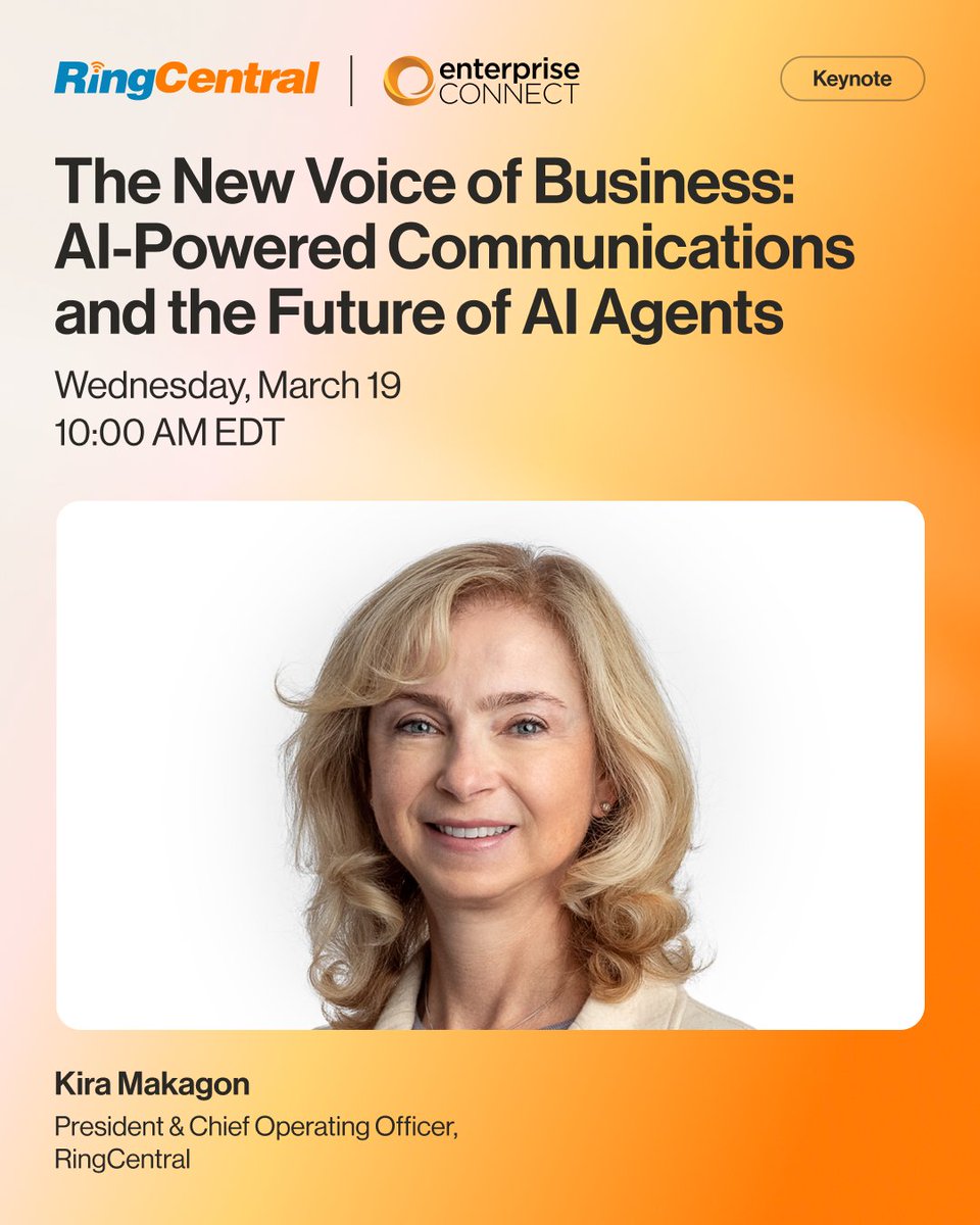RingCentral's tweet image. AI is transforming #businesscommunications, and voice data is at the center of it all. 🗣️

Tomorrow at @enterprisecon, @kiramakagon will explore how businesses can turn conversations into powerful, AI-driven insights that unlock new opportunities.

⏰Join us at 10 AM ET!