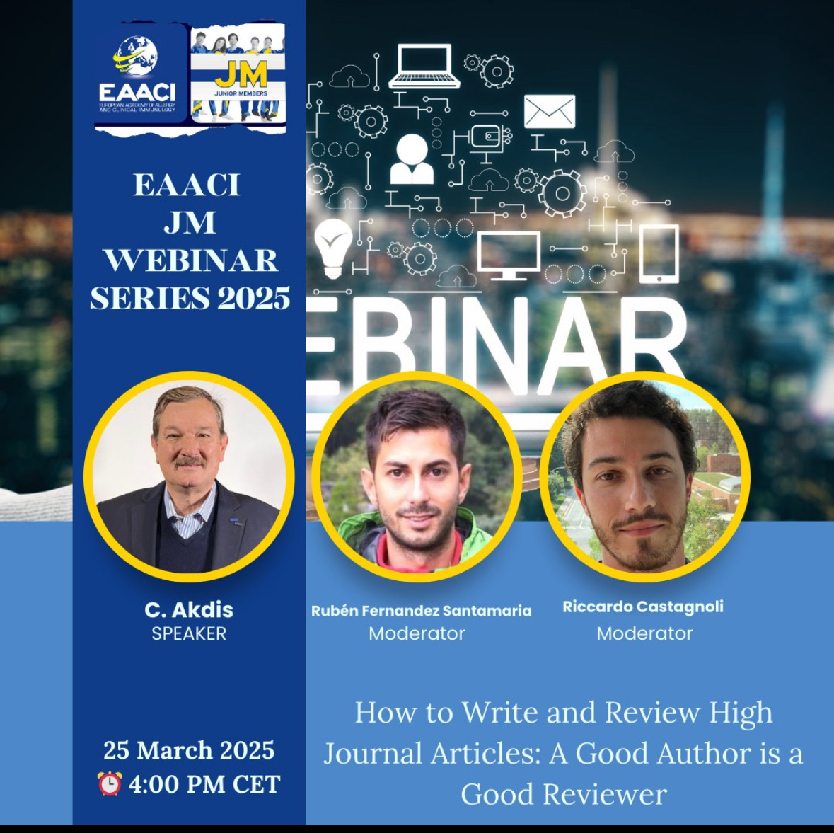rubn1991's tweet photo. On March 25, 2025 at 16 CET, join us for our inaugural #webinar series!

Prof. @CezmiAkdis will share his insights on: “How to write and review high-level journal articles: a good author is a good reviewer.”

Register here:
https://t.co/dbP22vtijq

@EAACI_JM @EAACI_HQ @EaaciKH https://t.co/wd1VPY7CX1