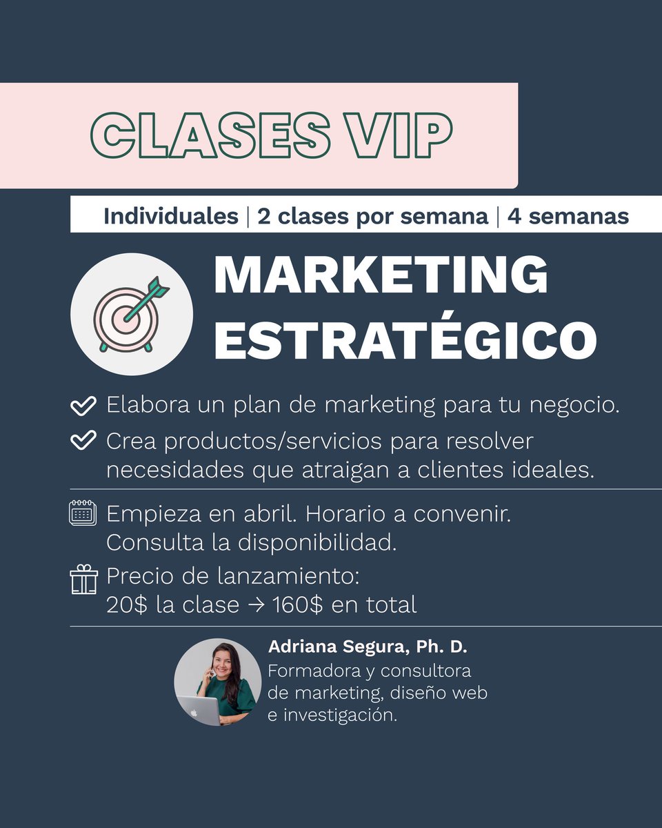 🌟¡Lanzamiento!
¿Quieres que tu negocio sea más rentable? Te invito al programa "Marketing estratégico"
En 4 semanas tendrás 8 sesiones de 1 hora.
📅 Inicio en abril, horario bajo acuerdo
💥 Precio de lanzamiento: $160 (solo $20 por sesión)
Escríbeme y reserva tu plaza.