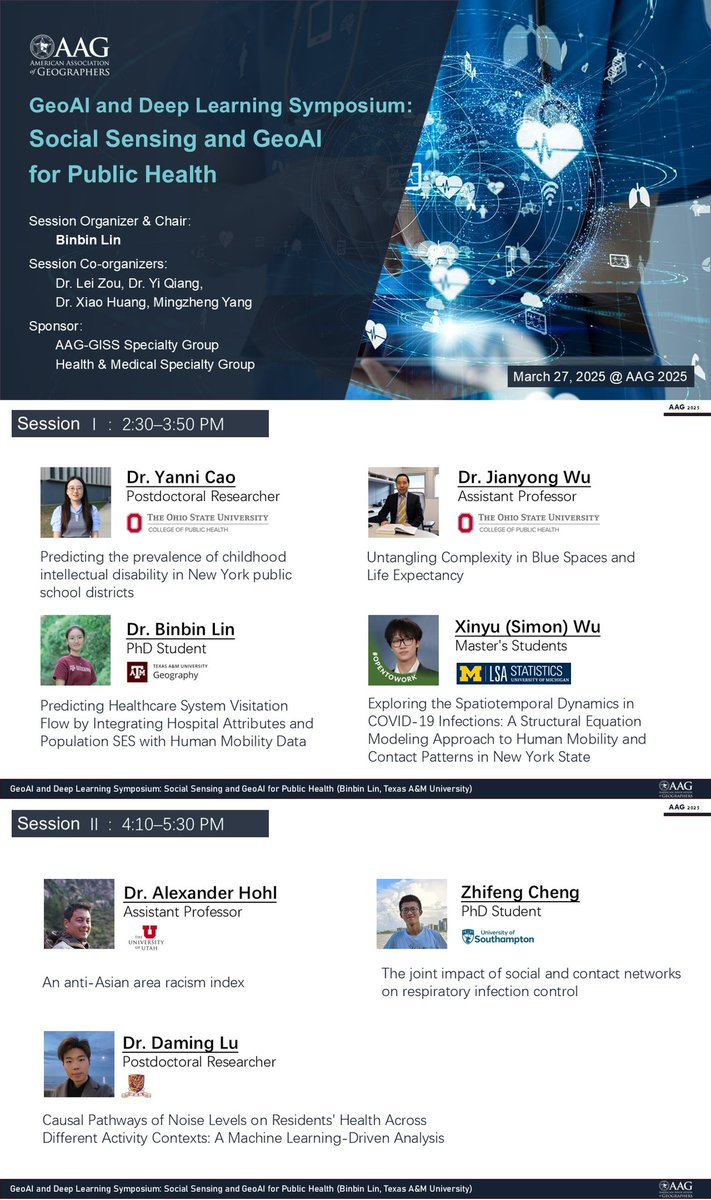 binbinlin_GISer's tweet photo. Join us at #AAG2025 for the GeoAI &amp; Deep Learning Symposium: Social Sensing and GeoAI for Public Health! 🌍

📅 March 27, 2025
📍 Huntington Place, Room 251A, Level 2

🔹 Session I: 2:30 PM - 3:50 PM
🔹 Session II: 4:10 PM - 5:30 PM

See you there! 🔥

@theAAG @AAG_GISS https://t.co/1mGOFjvxkD