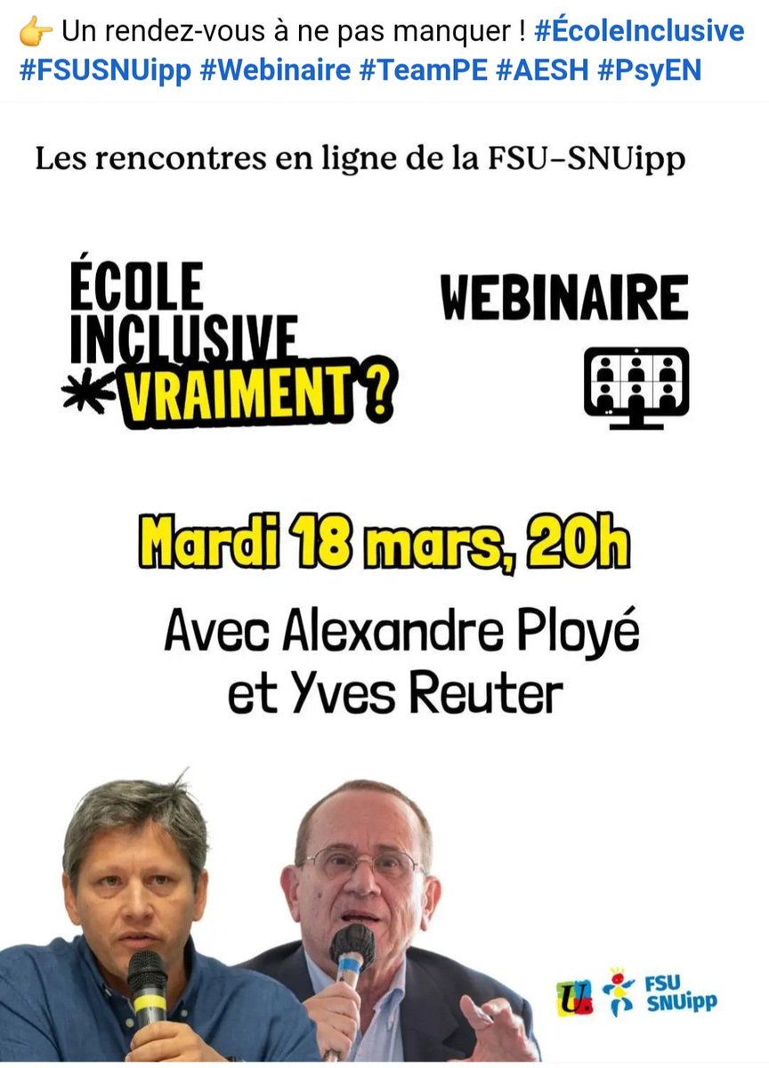 Alexandra Bojanic (@alexboj06) on Twitter photo Webinaire en ce moment de la <a href="/FSU_SNUipp/">FSU-SNUipp</a>
Alexandre Ployé "On ne peut pas faire l'école inclusive sans enseignants spécialisés." Webinaire en ce moment de la <a href="/FSU_SNUipp/">FSU-SNUipp</a>
Alexandre Ployé "On ne peut pas faire l'école inclusive sans enseignants spécialisés."