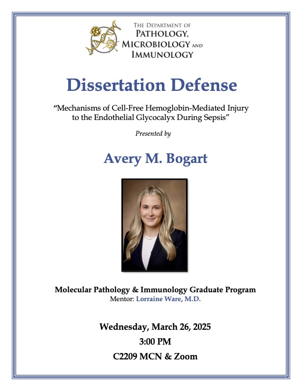 Vanderbilt MSTP (@vanderbiltmstp) on Twitter photo Join us Wednesday, March 26 at 3pm in MCN C2209 & Zoom for Avery Bogart's (<a href="/SoonToBeMDPhD/">Avery Bogart, PhD</a>) Dissertation Defense! She will present "Mechanisms of Cell-Free Hemoglobin-Mediated Injury to the Endothelial Glycocalyx During Sepsis" completed in Dr. Lorraine Ware's Lab in MPI Grad Prog Join us Wednesday, March 26 at 3pm in MCN C2209 & Zoom for Avery Bogart's (<a href="/SoonToBeMDPhD/">Avery Bogart, PhD</a>) Dissertation Defense! She will present "Mechanisms of Cell-Free Hemoglobin-Mediated Injury to the Endothelial Glycocalyx During Sepsis" completed in Dr. Lorraine Ware's Lab in MPI Grad Prog