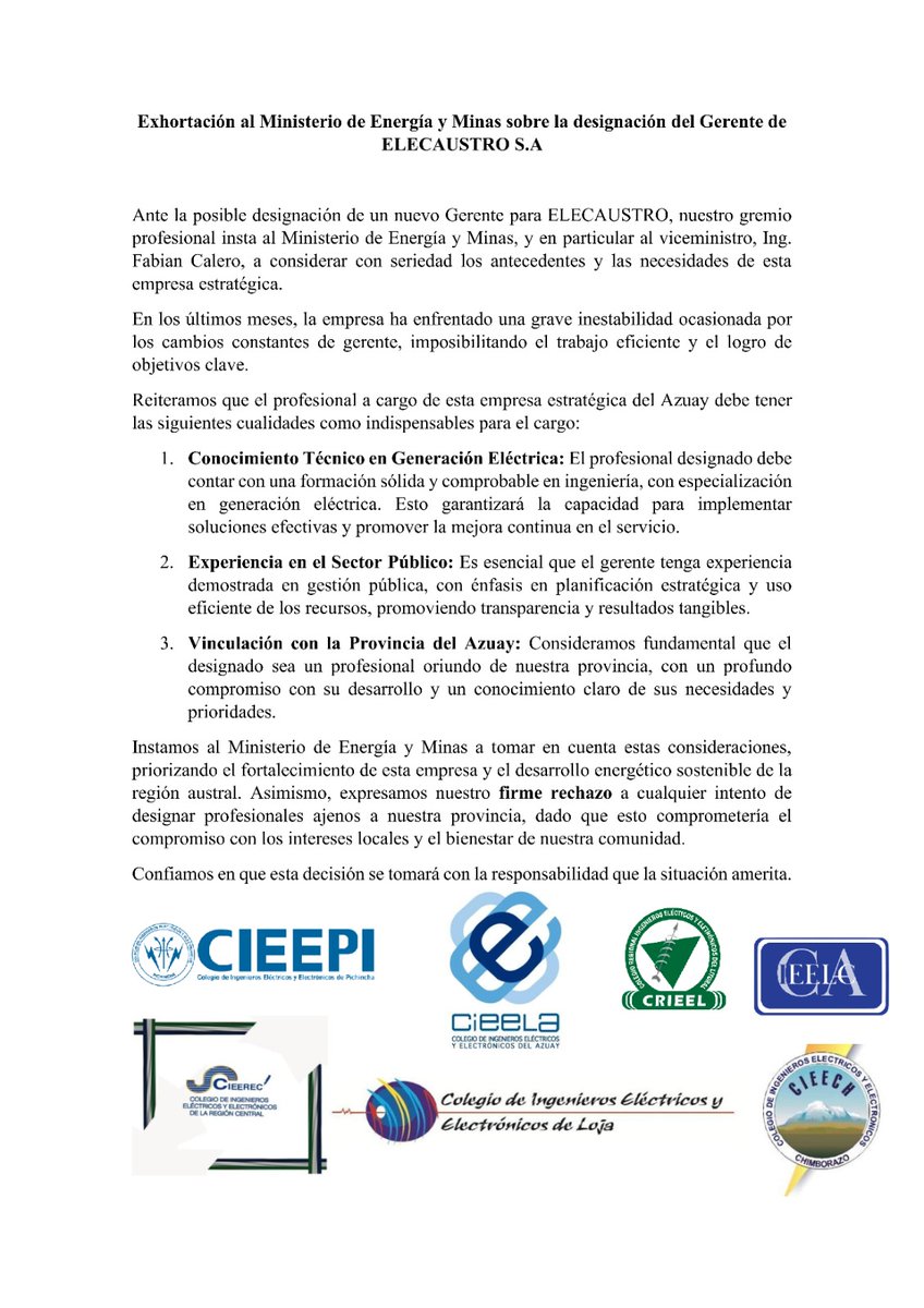 Cieela Azuay (@cieela_azuay) on Twitter photo El CIEELA exhorta al <a href="/RecNaturalesEC/">Ministerio de Energía y Minas Ecuador🇪🇨</a> Ministerio de de Energía a tomar en cuenta los criterios descritos en este comunicado El CIEELA exhorta al <a href="/RecNaturalesEC/">Ministerio de Energía y Minas Ecuador🇪🇨</a> Ministerio de de Energía a tomar en cuenta los criterios descritos en este comunicado