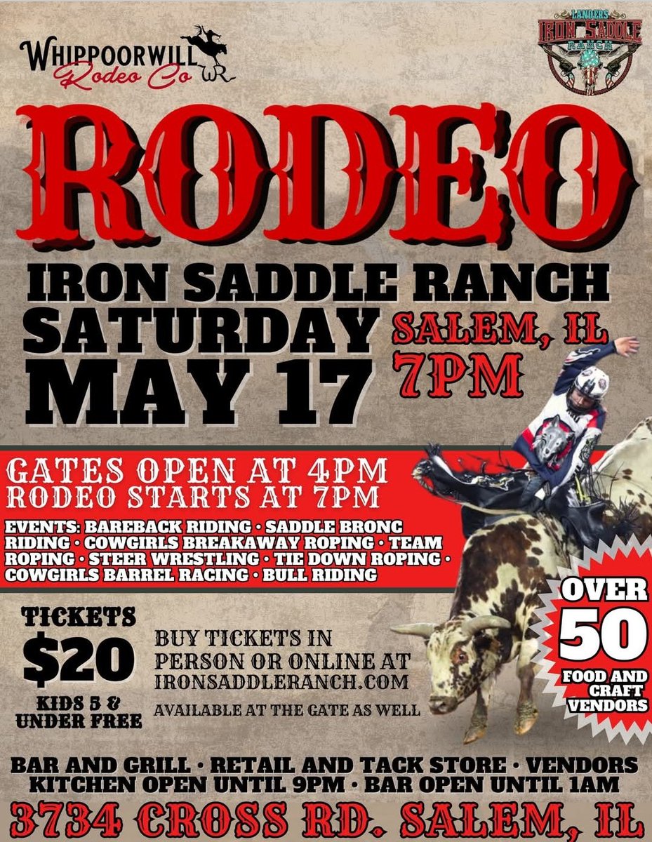 Iron Saddle Ranch Rodeo May 17 in Salem, IL
#Rodeo #Illinois