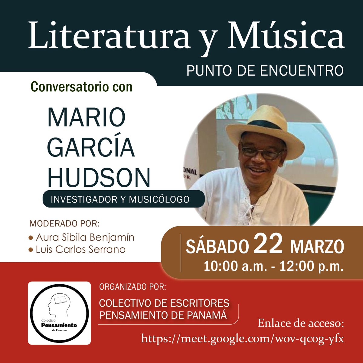 Los invito a que me acompañen, este sábado 22 de marzo a las 10 AM,  a esta actividad virtual. Acá les dejo el enlace de ingreso: meet.google.com/wov-qcog-yfx

#PanamáNaMá #Música #Literatura