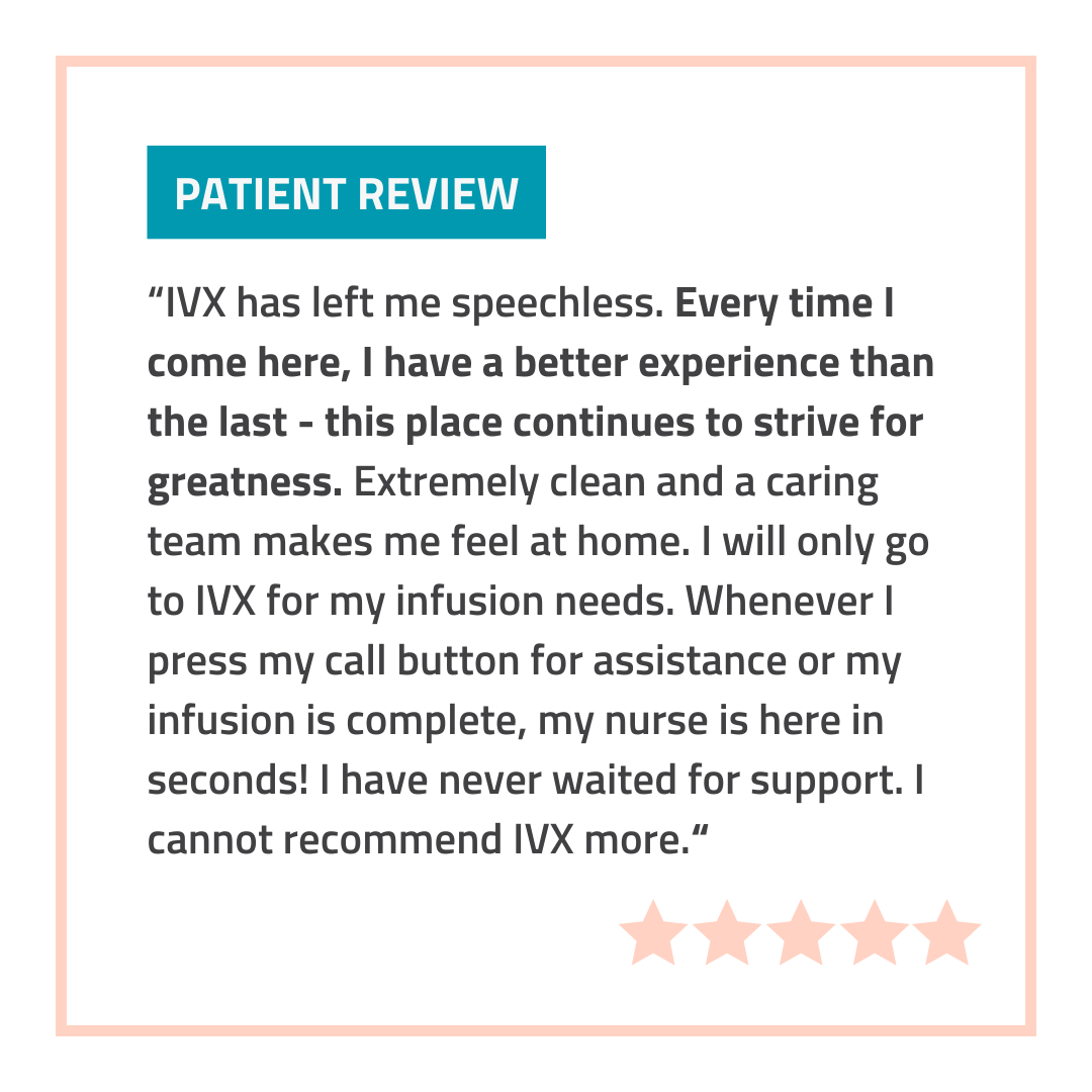IVXHealth's tweet photo. IVX Health's clinical model was intentionally designed with the patient in mind. Our industry leading low nurse-to-patient ratio of 1:3 ensures patients receive the personalized attention and world-class care they deserve at every visit.

#ivxhealth #infusion https://t.co/6W3y5uNB30