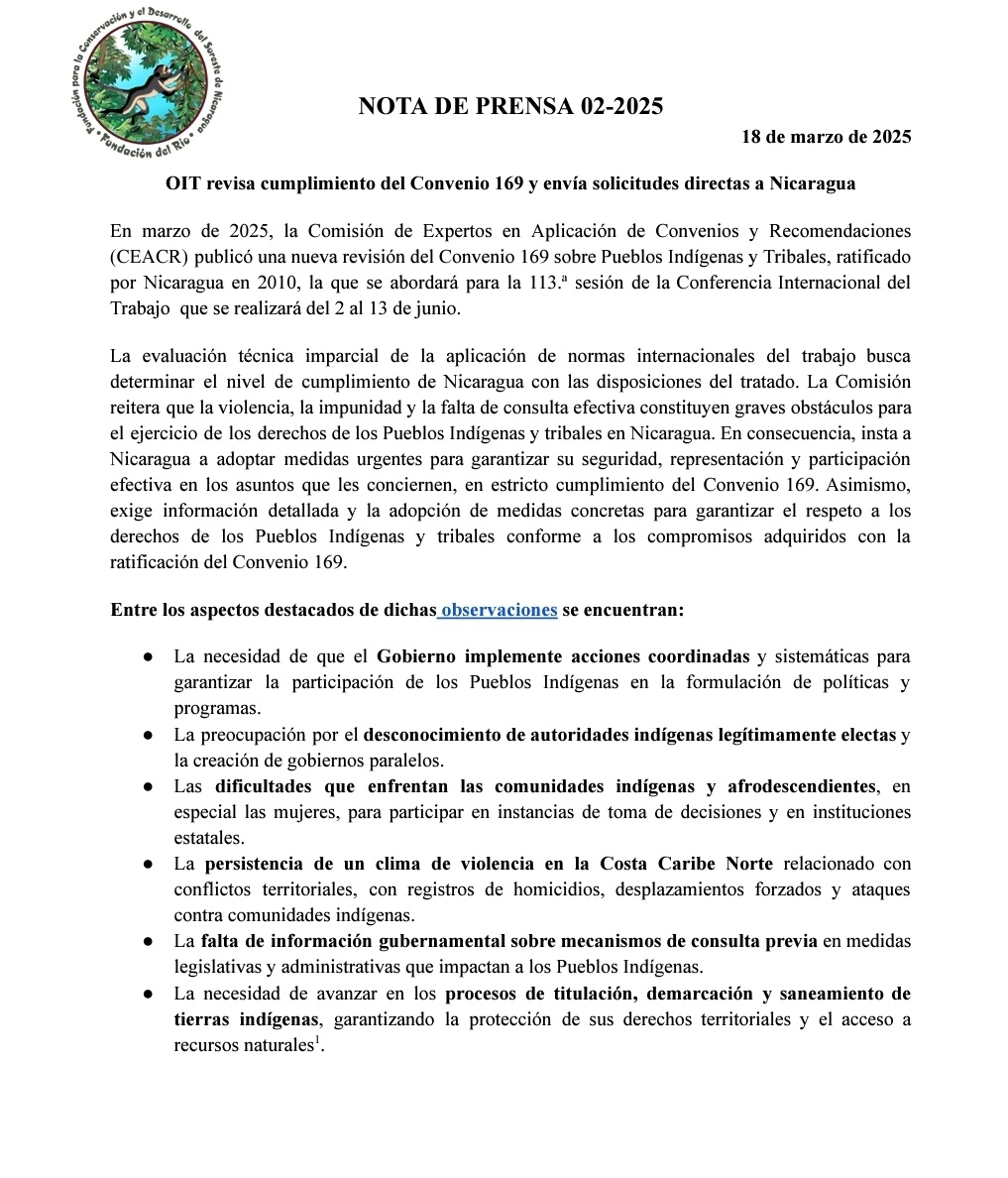 1/2 Hoy desde <a href="/fundaciondelrio/">Fundación del Río</a> destacamos el Informe de la Comisión de Expertos de la <a href="/OIT_AmerCentral/">OIT América Central</a> tras la revisión de la implementación del Convenio 169 sobre Pueblos Indígenas y Afrodescendientes en Nicaragua. #SOSNicaragua