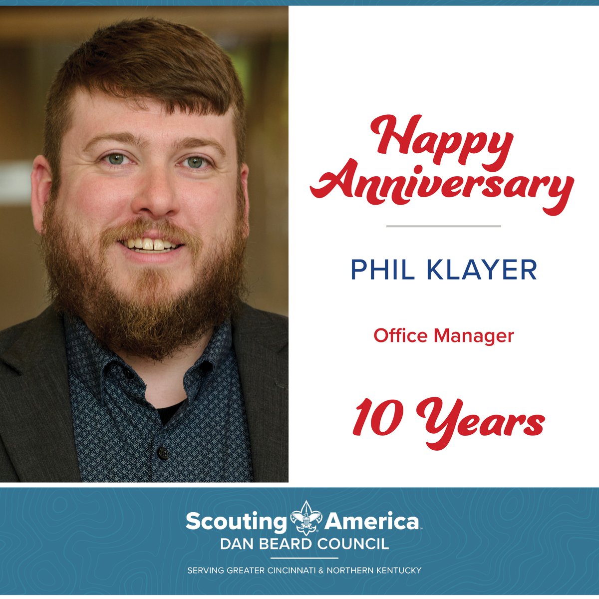What a month of DBC anniversaries! 🥳 Please join us in wishing Suzanne Carr | Vice President of Finance, Jason Neal | General Manager of Properties, and Phil Klayer | Office Manager, a huge congratulations on their Dan Beard Council Anniversaries! 🎉

We wish to thank you for
