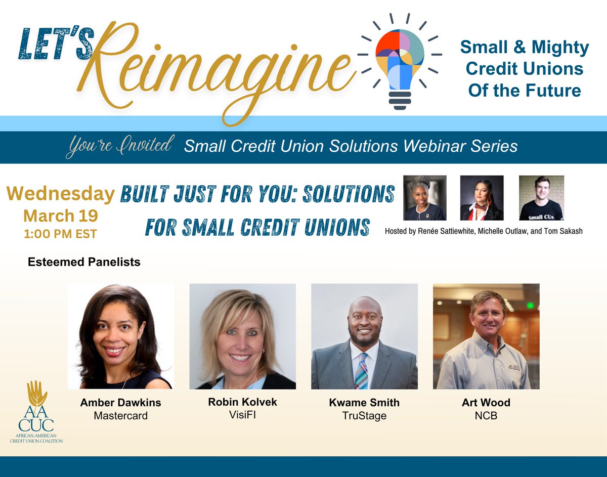 AACUC1's tweet photo. Join us TOMORROW, March 19th, 1-2 PM EDT for part 2 of the "Let's Reimagine Small Credit Unions" webinar series! Explore special offers, discounts, grants, &amp; scholarships to help your credit union thrive.

Register today: https://t.co/Y5l2E1M9pR

 #SmallCreditUnions #AACUC2025 https://t.co/HgRzzkKH4W