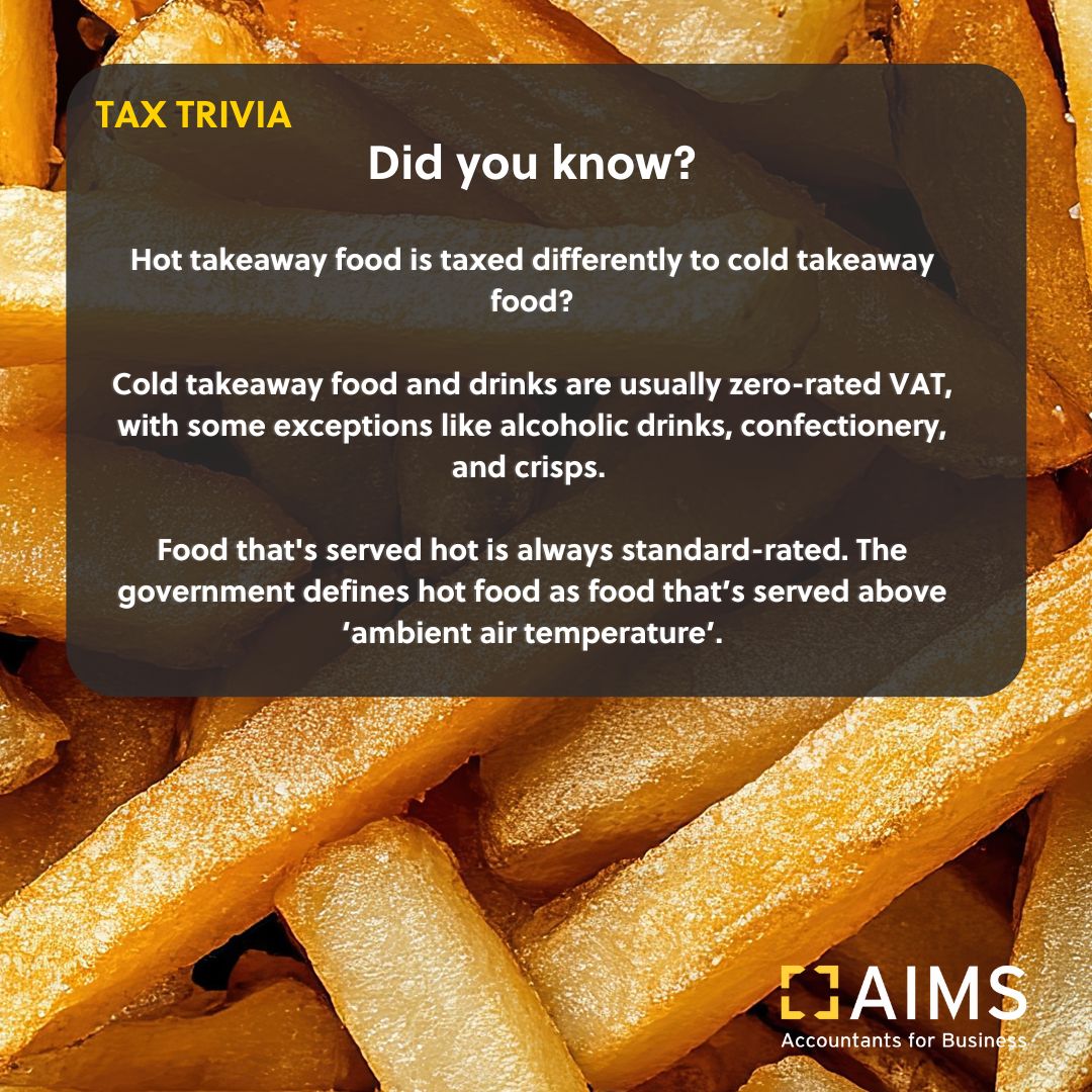 AIMSAccountants's tweet photo. Tax in the UK can seem confusing, and even rather peculiar at times. For example, were you aware that VAT exempts cold takeaway food, but taxes hot food? 🍔

👉 https://t.co/tTDNo6RDdB

#TaxObligations #SMEAccounting https://t.co/6kvw7KrtbD