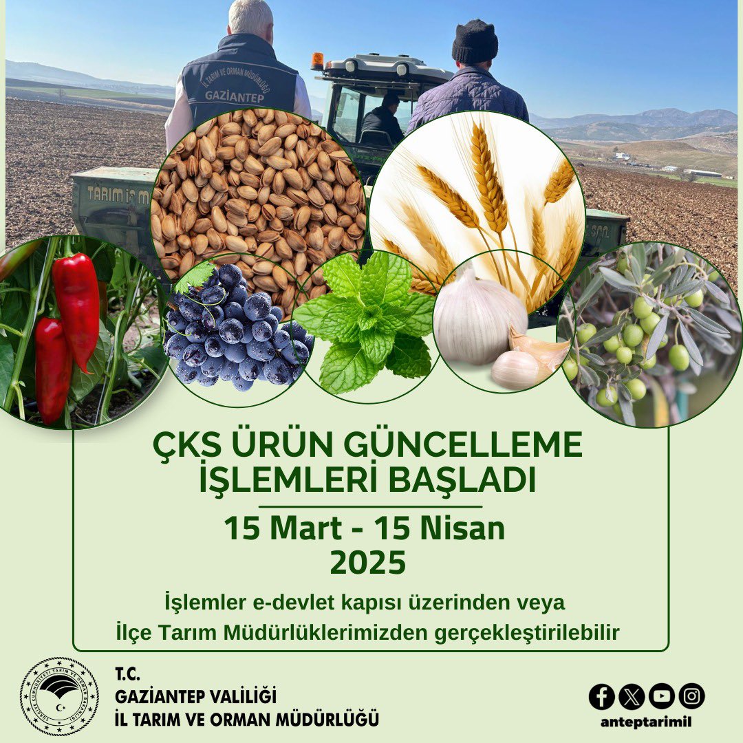📣 📣Üreticilerimizin Dikkatine:
Çiftçi Kayit Sistemi (ÇKS) ürün değişiklik işlemleri 15 Mart 2025 tarihinde başlayacak, 15 Nisan 2025 tarihine kadar
devam edecektir.
Ürün değişiklik işlemlerinizi e-Devlet üzerinden veya il/ilçe Tarım ve Orman Müdürlüklerimize şahsen başvurarak