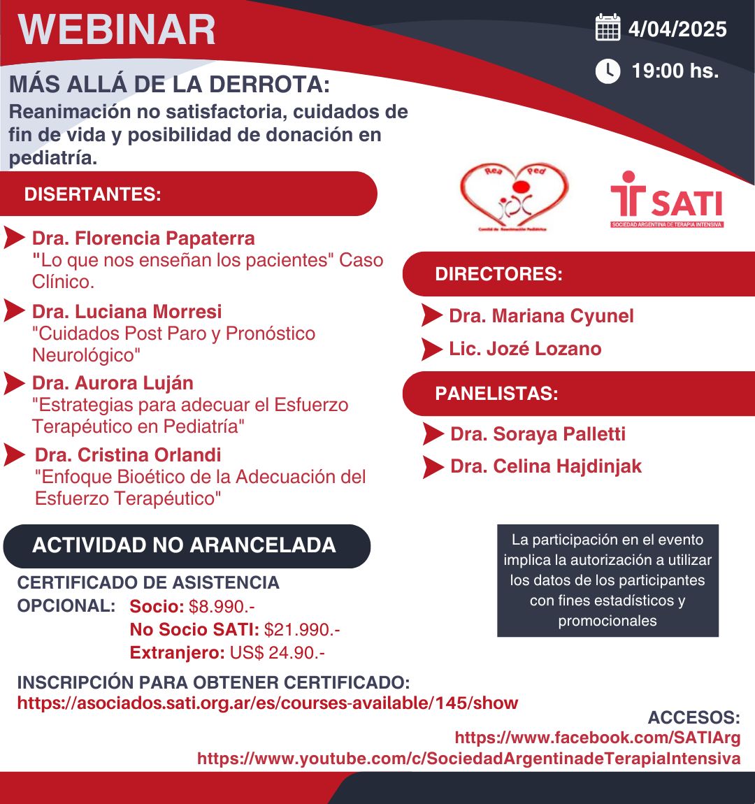 📢 WEBINAR "Más allá de la derrota: Reanimación no satisfactoria, cuidados de fin de vida y posibilidad de donación en pediatría"
📆 VIERNES 4-04, 19:00 hs. Transmisión en vivo por nuestras redes:
🔗youtube.com/@sociedadargen… 
🔗linkedin.com/company/socied…
🔗facebook.com/SATIArg/live_v…