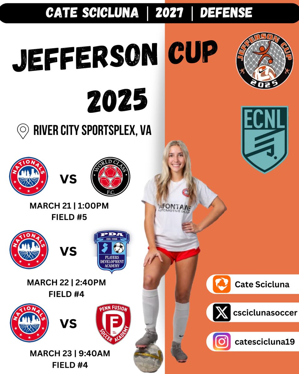 Cate Scicluna (@csciclunasoccer) on Twitter photo Extremely excited for some great competition at Jefferson Cup! See you Friday :) <a href="/NationalsGA/">Nationals Girls Academy</a> <a href="/ImYouthSoccer/">ECNL/GA/Recruiting/College Soccer</a> <a href="/ImCollegeSoccer/">College Soccer Truth ™</a> <a href="/TheSoccerWire/">SoccerWire</a> <a href="/TopDrawerSoccer/">TopDrawerSoccer</a> Extremely excited for some great competition at Jefferson Cup! See you Friday :) <a href="/NationalsGA/">Nationals Girls Academy</a> <a href="/ImYouthSoccer/">ECNL/GA/Recruiting/College Soccer</a> <a href="/ImCollegeSoccer/">College Soccer Truth ™</a> <a href="/TheSoccerWire/">SoccerWire</a> <a href="/TopDrawerSoccer/">TopDrawerSoccer</a>