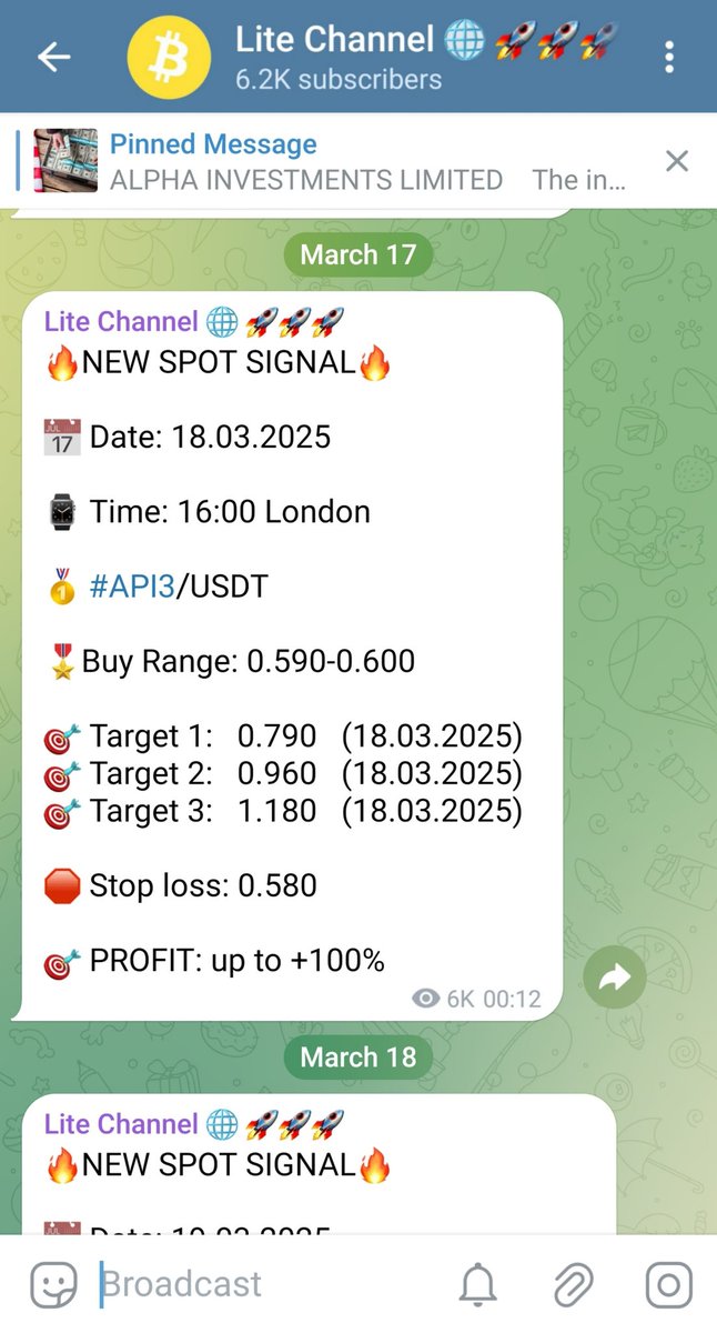 KuCoinSignals5's tweet image. 🥇 #API3/USDT

🎖Buy range: 0.590-0.600 (17.03.2025)

🎯Target 1:  0.790 (18.03.2025)
🎯Target 2:  0.960 (18.03.2025)
🎯Target 3:  1.180 (18.03.2025)

🛑Stop loss: 0.580 (17.03.2025)

API3/USDT Profit✅

Profit: +76.81%📈

#binance #coinbase #bybit #bitget #mexc #signals