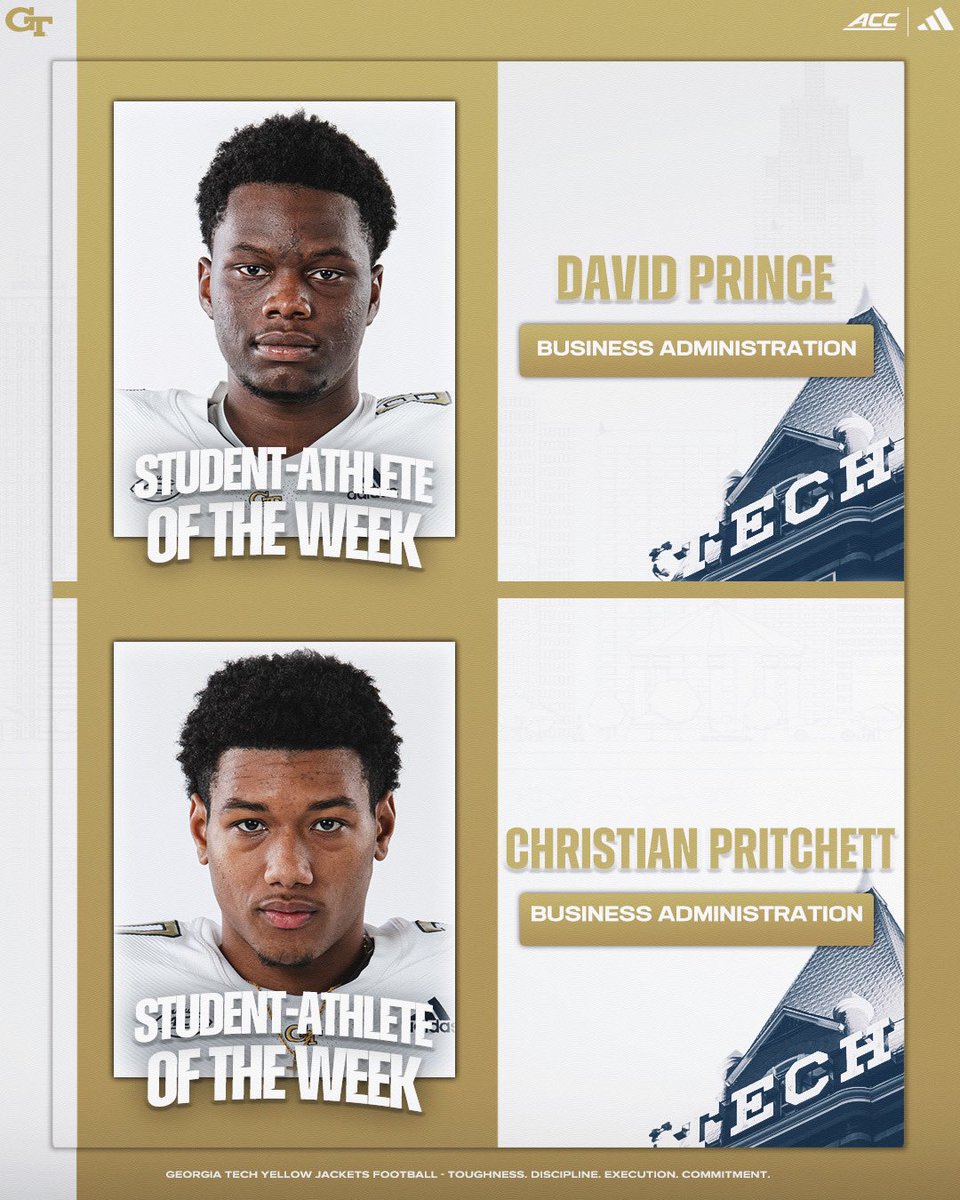 GeorgiaTechFB's tweet photo. Our latest 𝙎𝙏𝙐𝘿𝙀𝙉𝙏-𝘼𝙏𝙃𝙇𝙀𝙏𝙀𝙎 𝙊𝙁 𝙏𝙃𝙀 𝙒𝙀𝙀𝙆 📚 

#StingEm 🐝 https://t.co/0ln01r0RGh