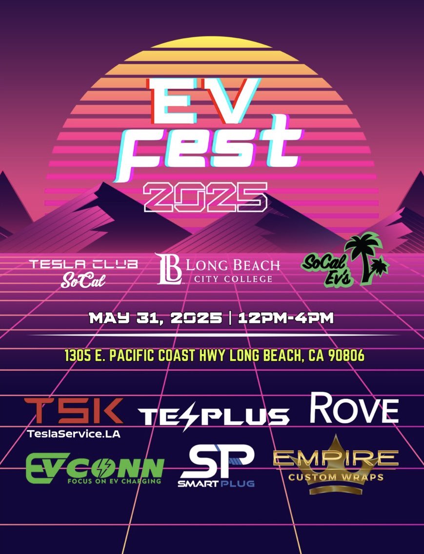 TeslaClubSoCal's tweet image. READY FOR @SoCalEVs EV Fest?! 🎉

𝘊𝘦𝘭𝘦𝘣𝘳𝘢𝘵𝘪𝘯𝘨 7 𝘠𝘦𝘢𝘳𝘴 𝘰𝘧 𝘌𝘭𝘦𝘤𝘵𝘳𝘪𝘧𝘪𝘦𝘥 𝘌𝘝𝘦𝘯𝘵𝘴!
EV Fest Fundraiser for @LBCityCollege Auto Tech Program. 

May 31, 2025 | 12pm-4pm 
Long Beach City College 
1305 E. Pacific Coast Hwy
Long Beach, CA 90806

🔸 DJ
🔸